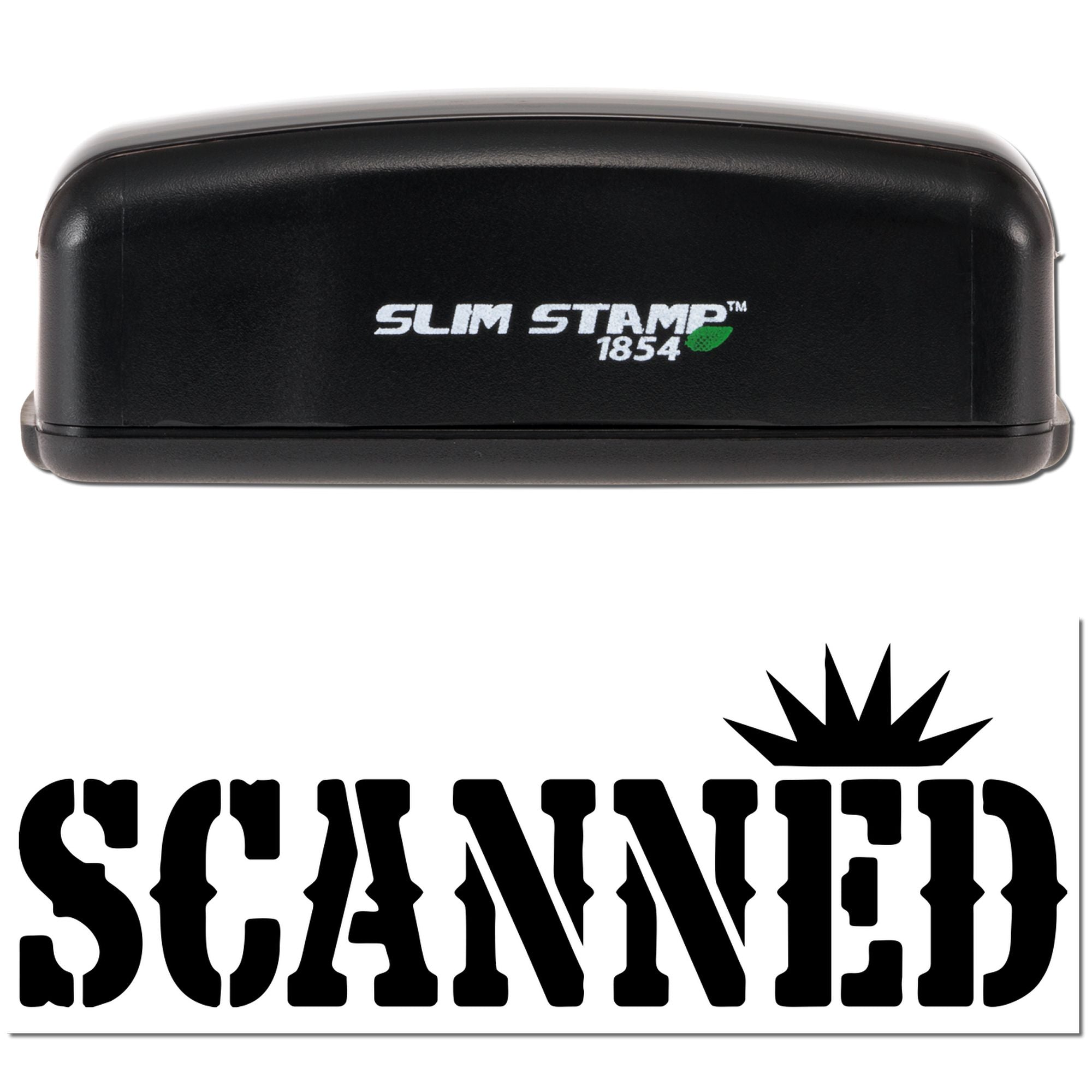 Black Slim Stamp 1854 self-inking stamp and bold SCANNED seal on white background.