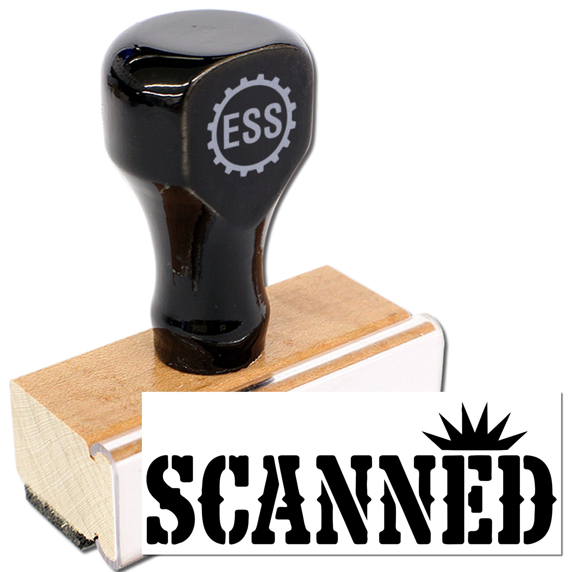 Black rubber stamp with ESS logo on wooden handle, beside bold SCANNED seal impression in black and white.