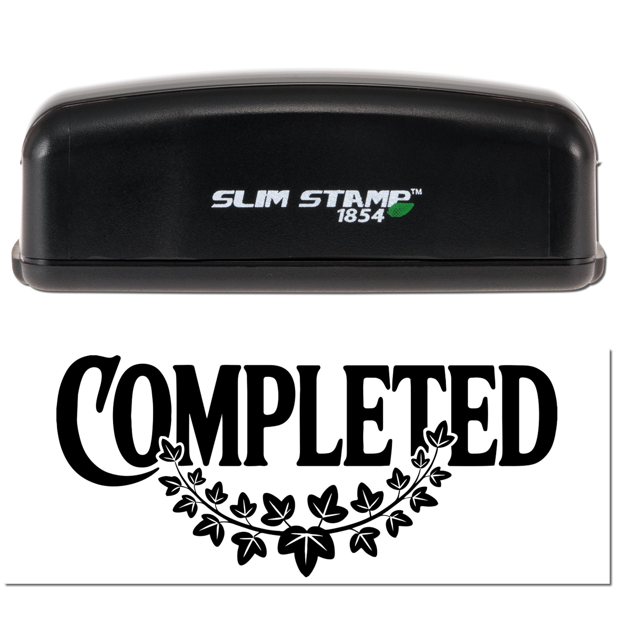 Black Slim Stamp 1854 self-inking stamp and completed seal with laurel leaves on white background.