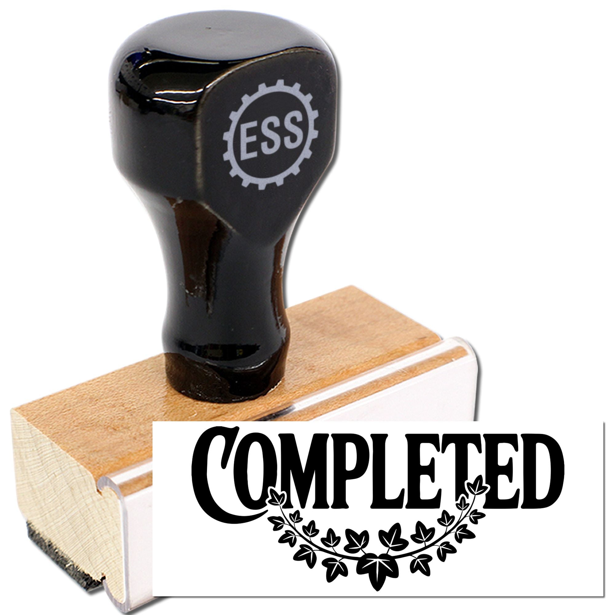 Black self-inking stamp and seal with ESS logo on a wooden base, imprinting bold COMPLETED in black on white.