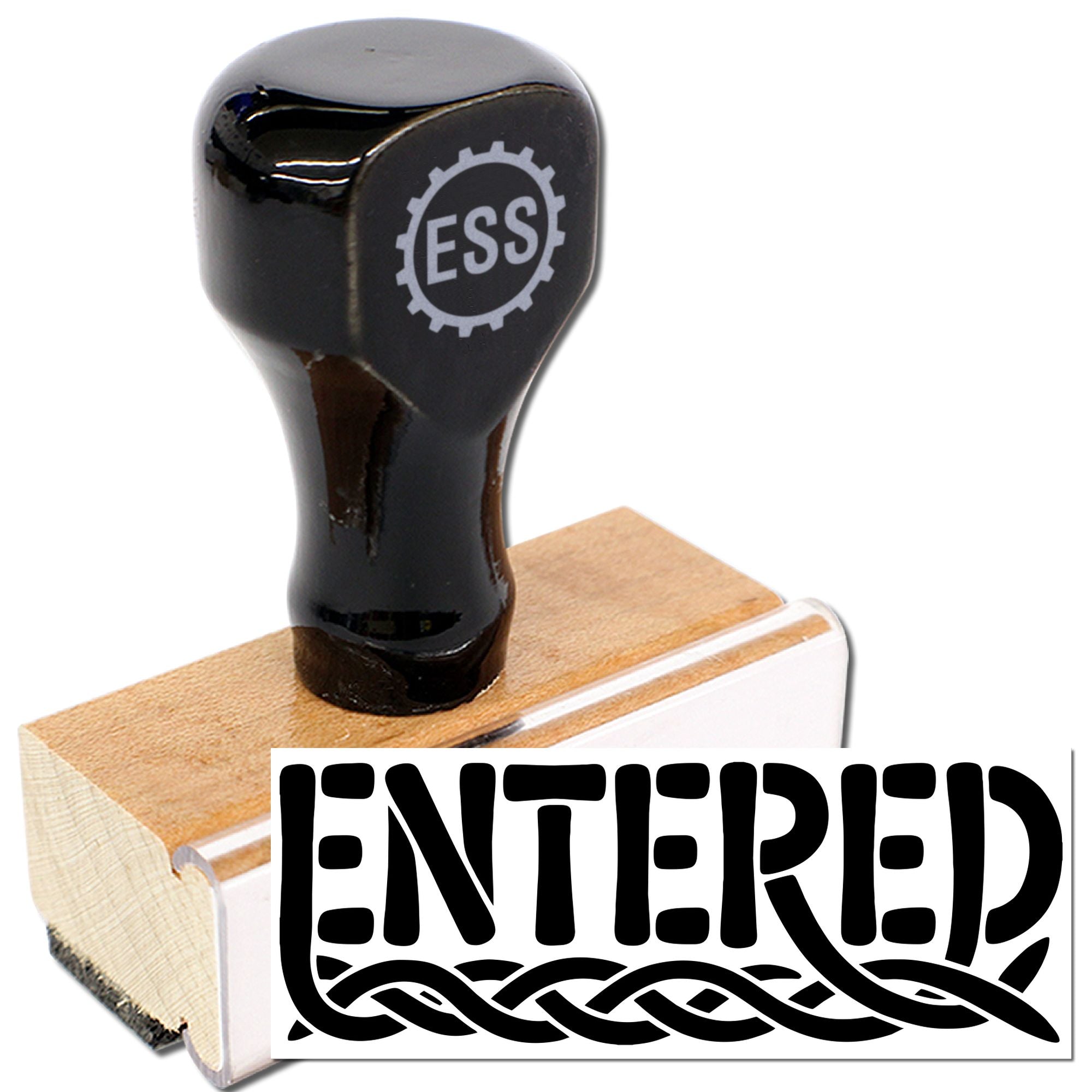 Black rubber stamp and seal with ESS handle and bold ENTERED impression on wood block.