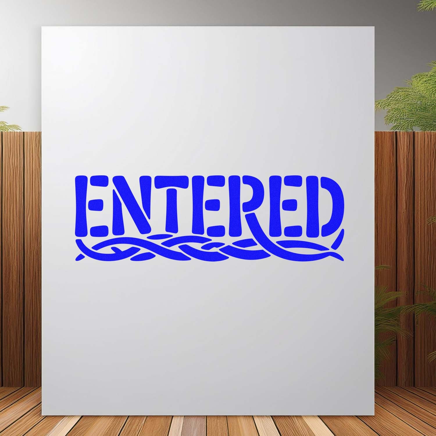 Blue ENTERED stamp and seal design with decorative wave border on a white card.