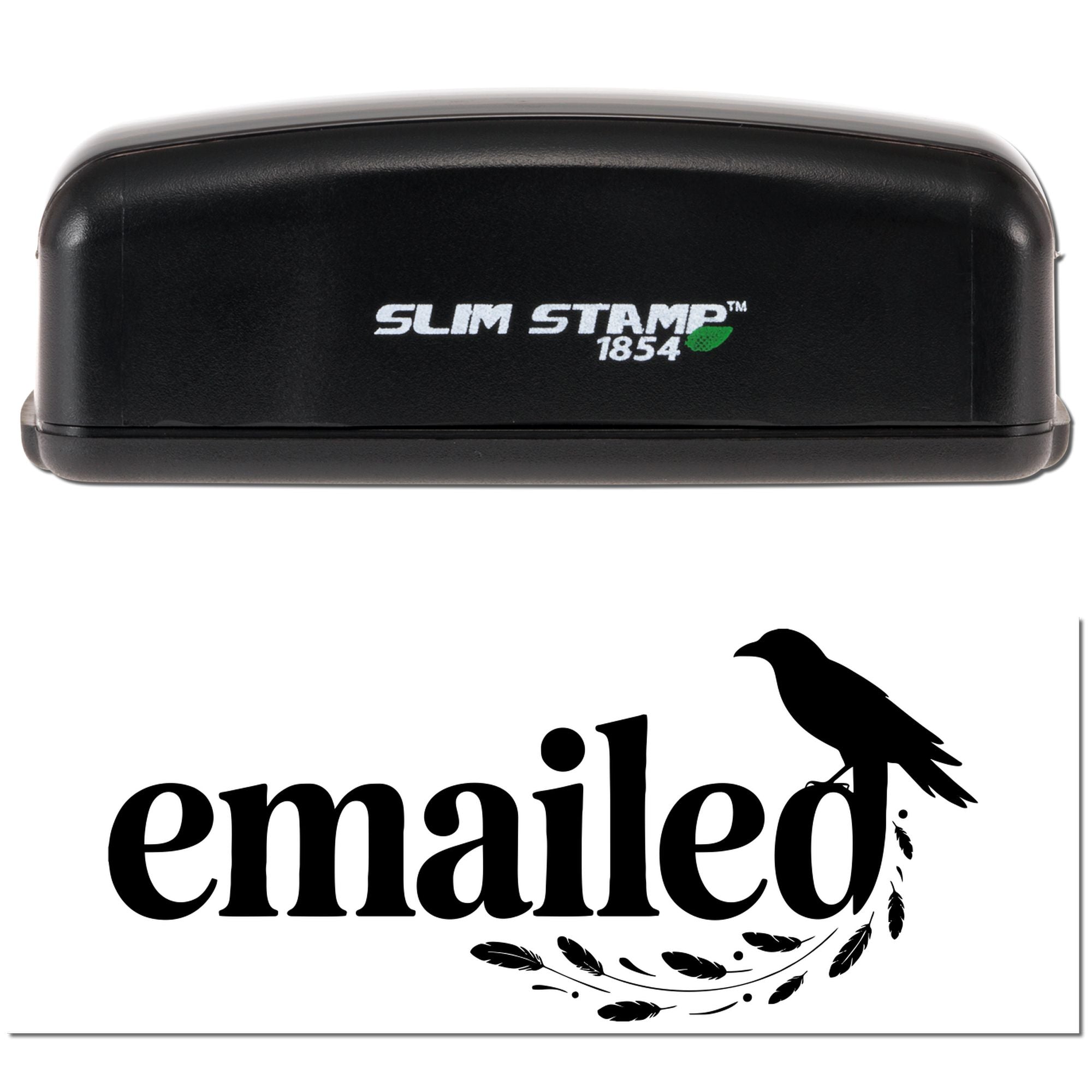 Black Slim Stamp 1854 stamp and seal with white lettering, green leaf logo, and black emailed bird design on white.