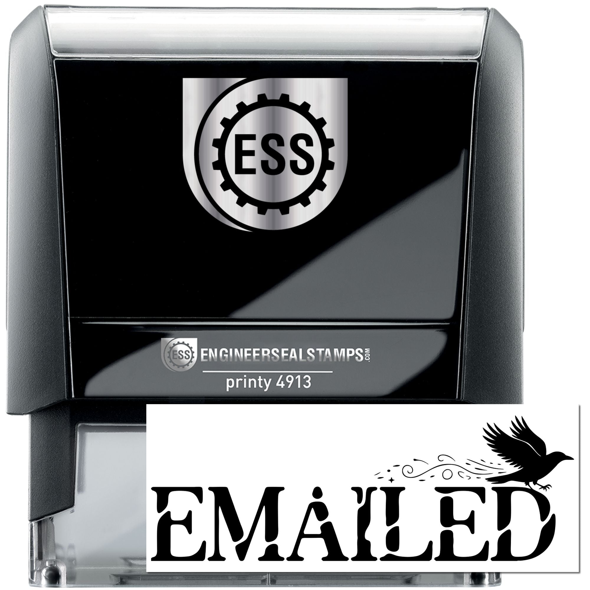 Black and silver self-inking stamp and seal with ESS logo and bold EMAILED impression.