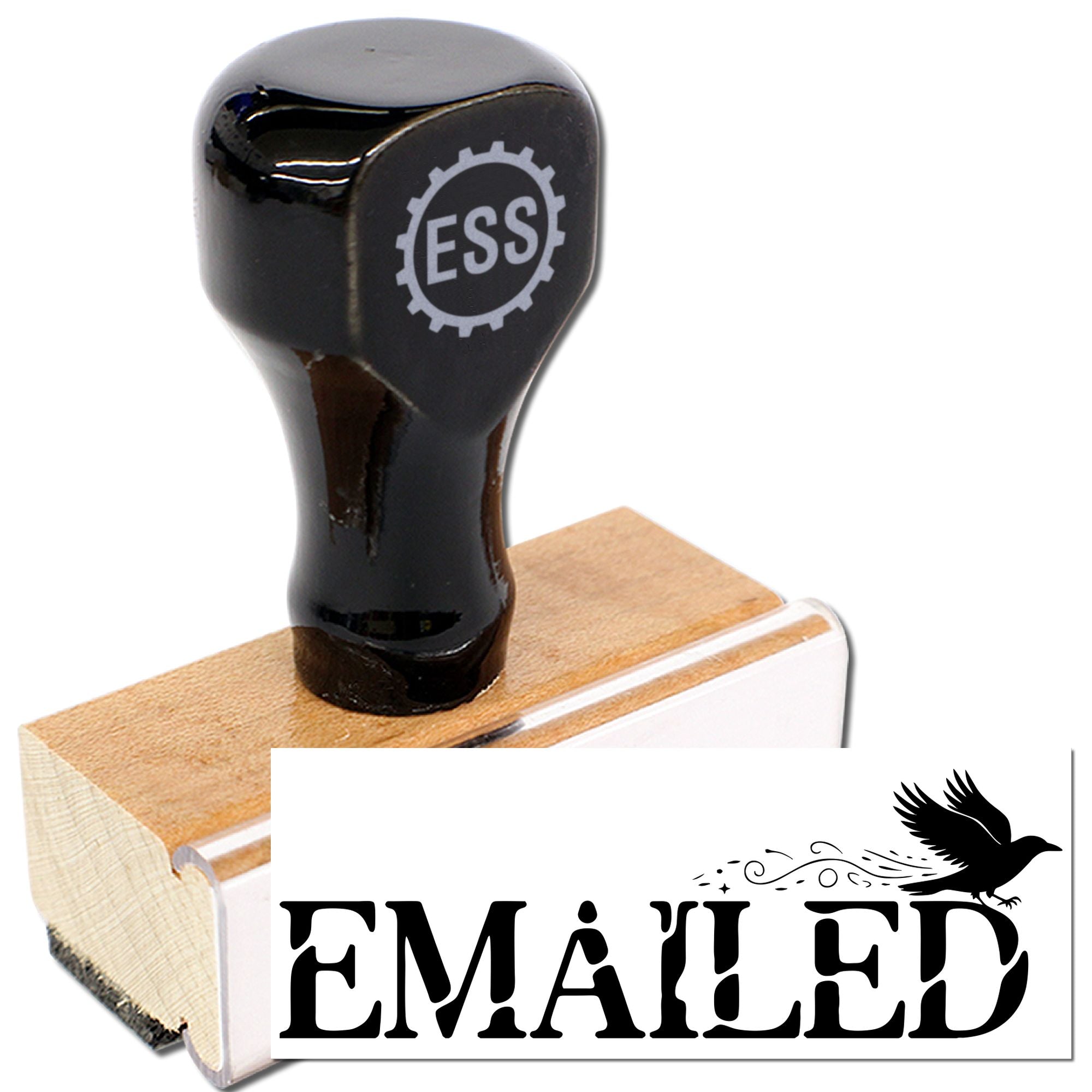 Black custom stamp and seal on wooden base with EMAILED text and bird graphic
