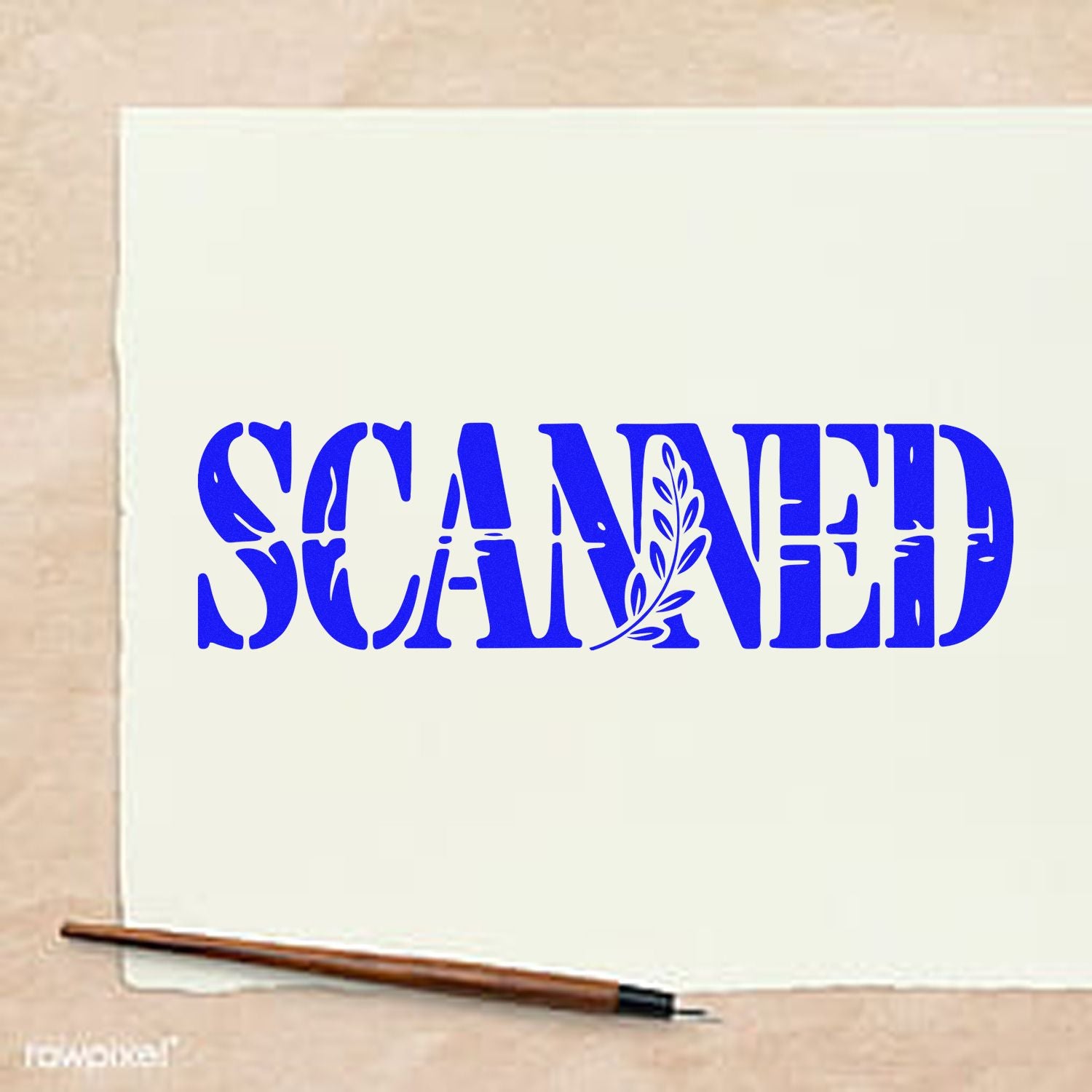 Blue custom stamp seal reading SCANNED with leaf motif on white paper, on beige background.