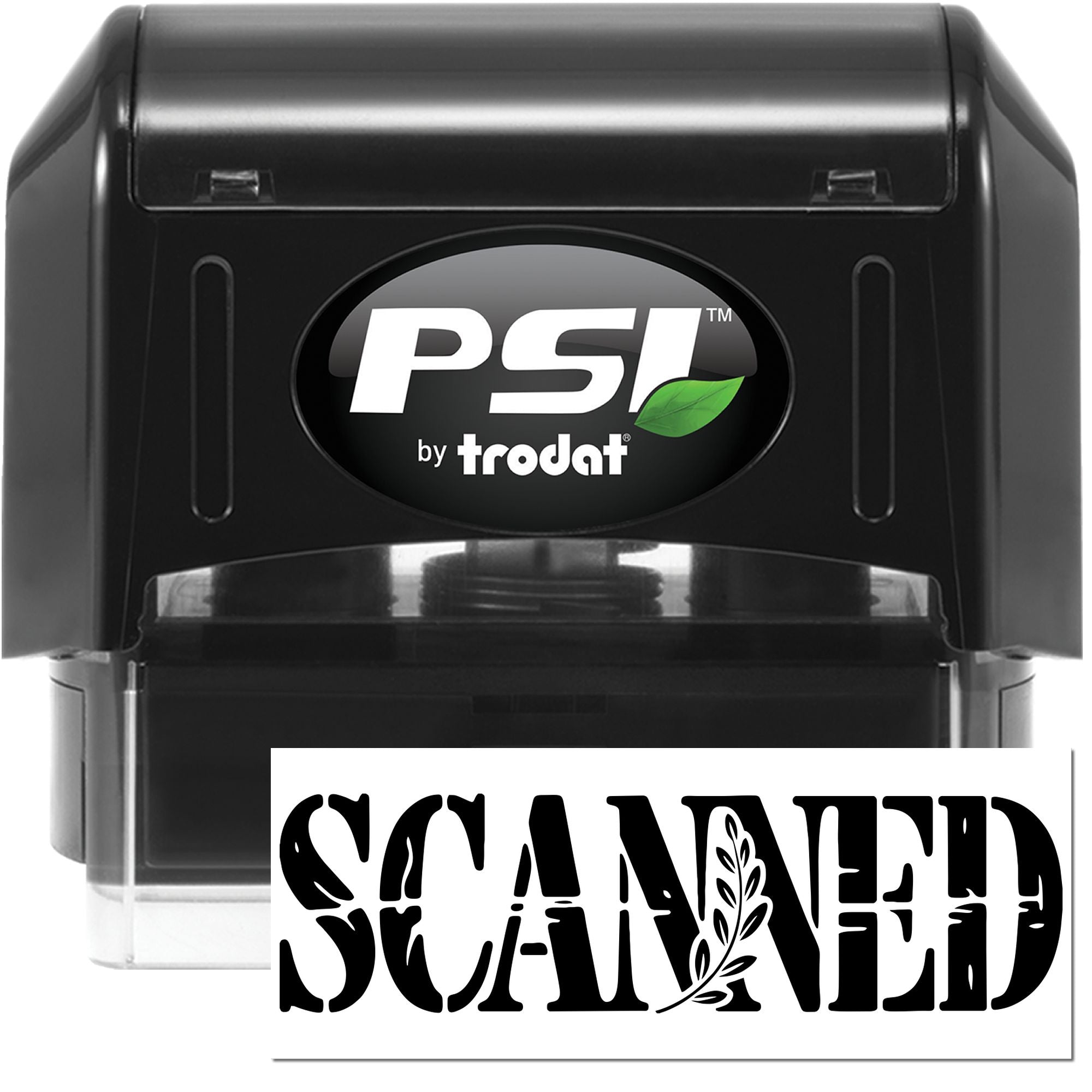Black PSI by Trodat self-inking stamp and seal, black body with green leaf logo, showing bold black SCANNED impression.