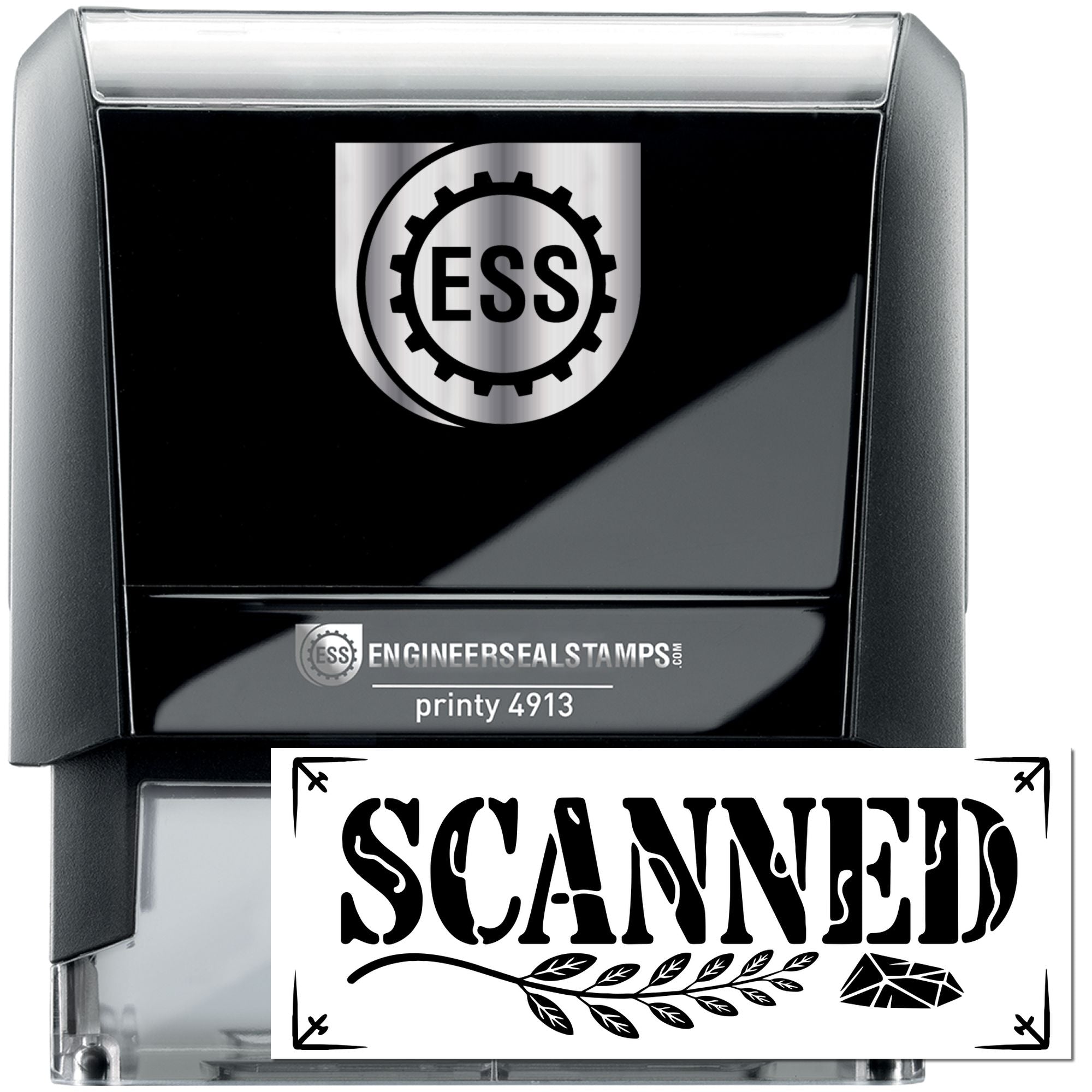 Black self-inking stamp and seal with silver casing, ESS logo, and SCANNED imprint sample