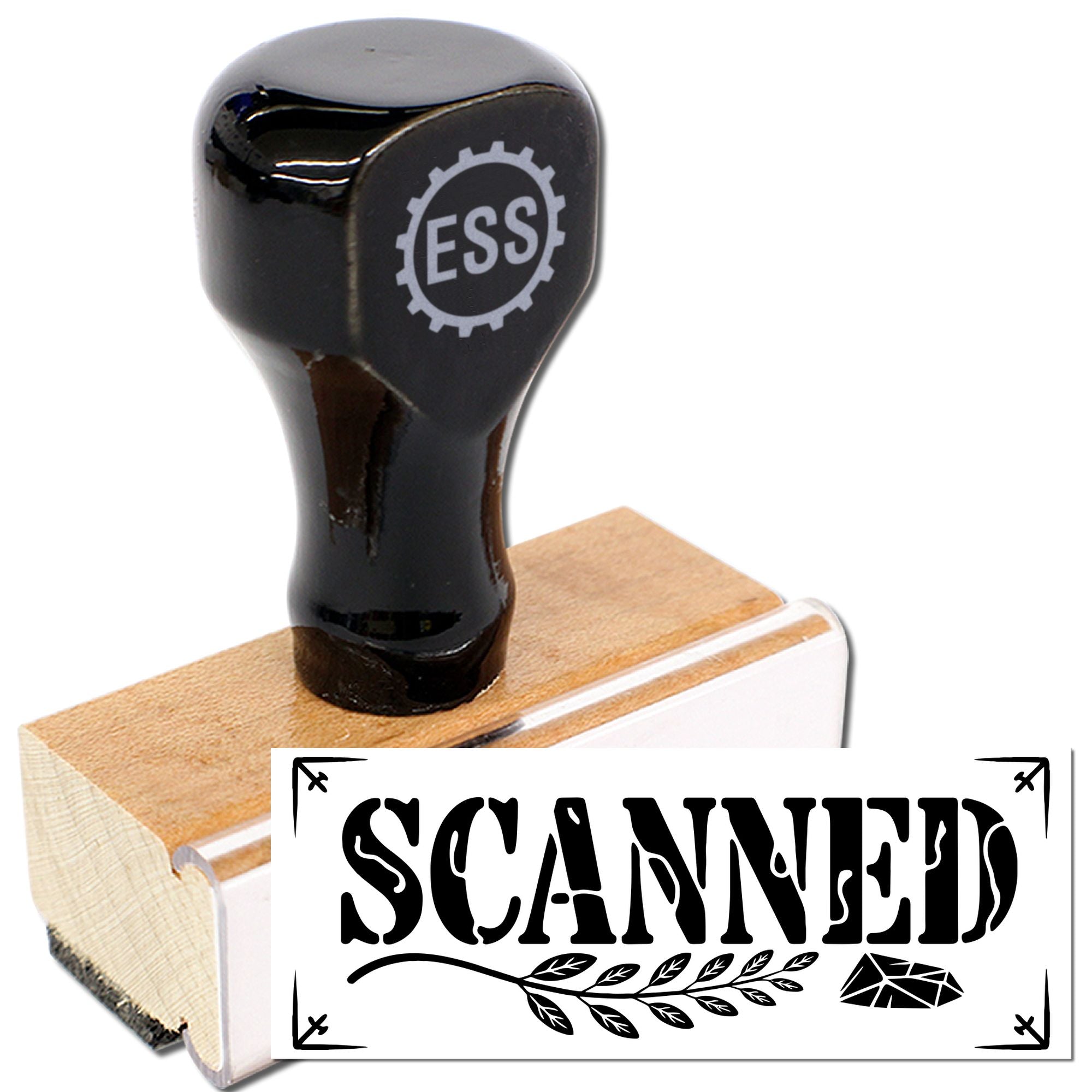Black ESS rubber stamp on wooden base with SCANNED seal design and decorative imprint