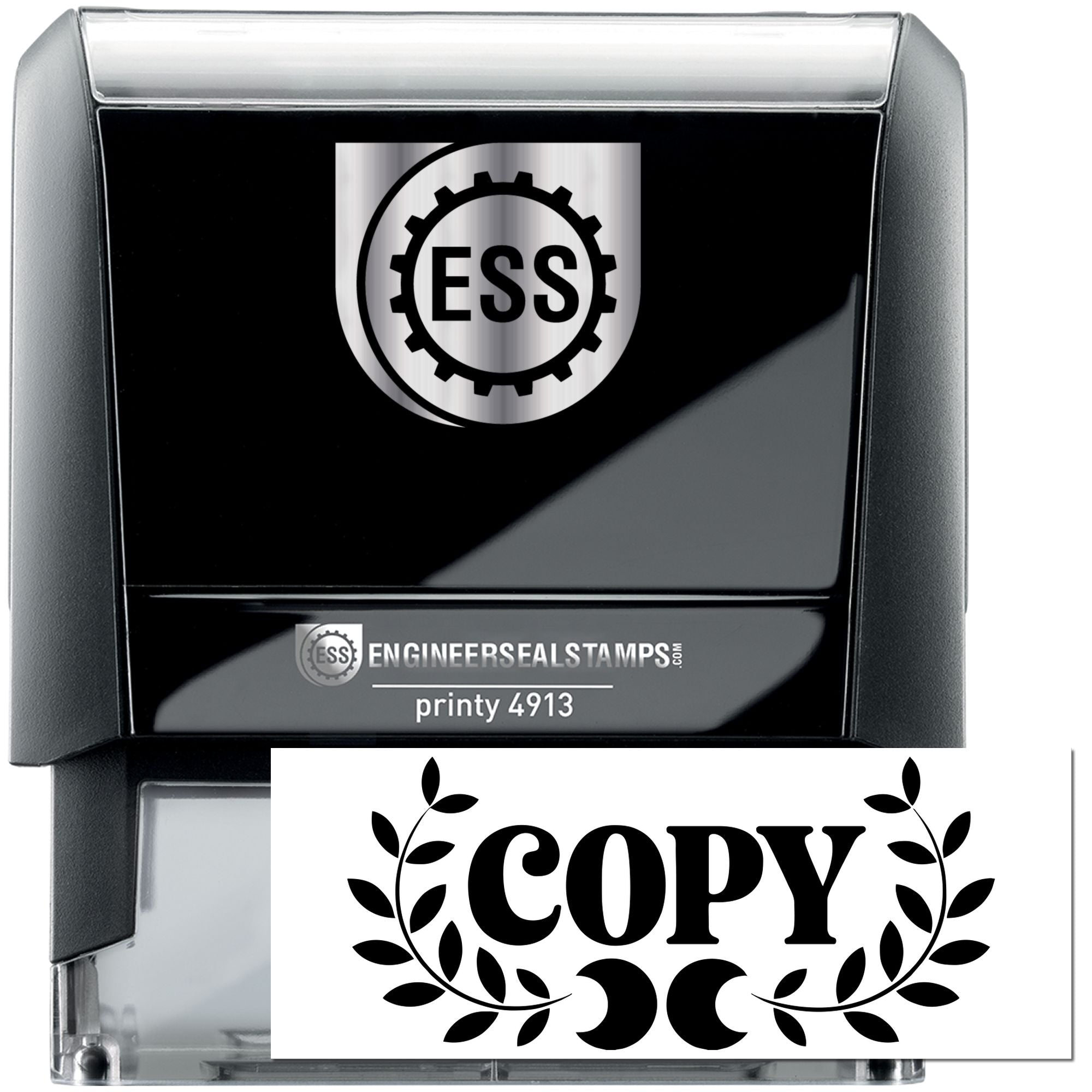 Black self-inking stamp and seal with silver ESS logo, bold COPY imprint, and clear case accents on white.