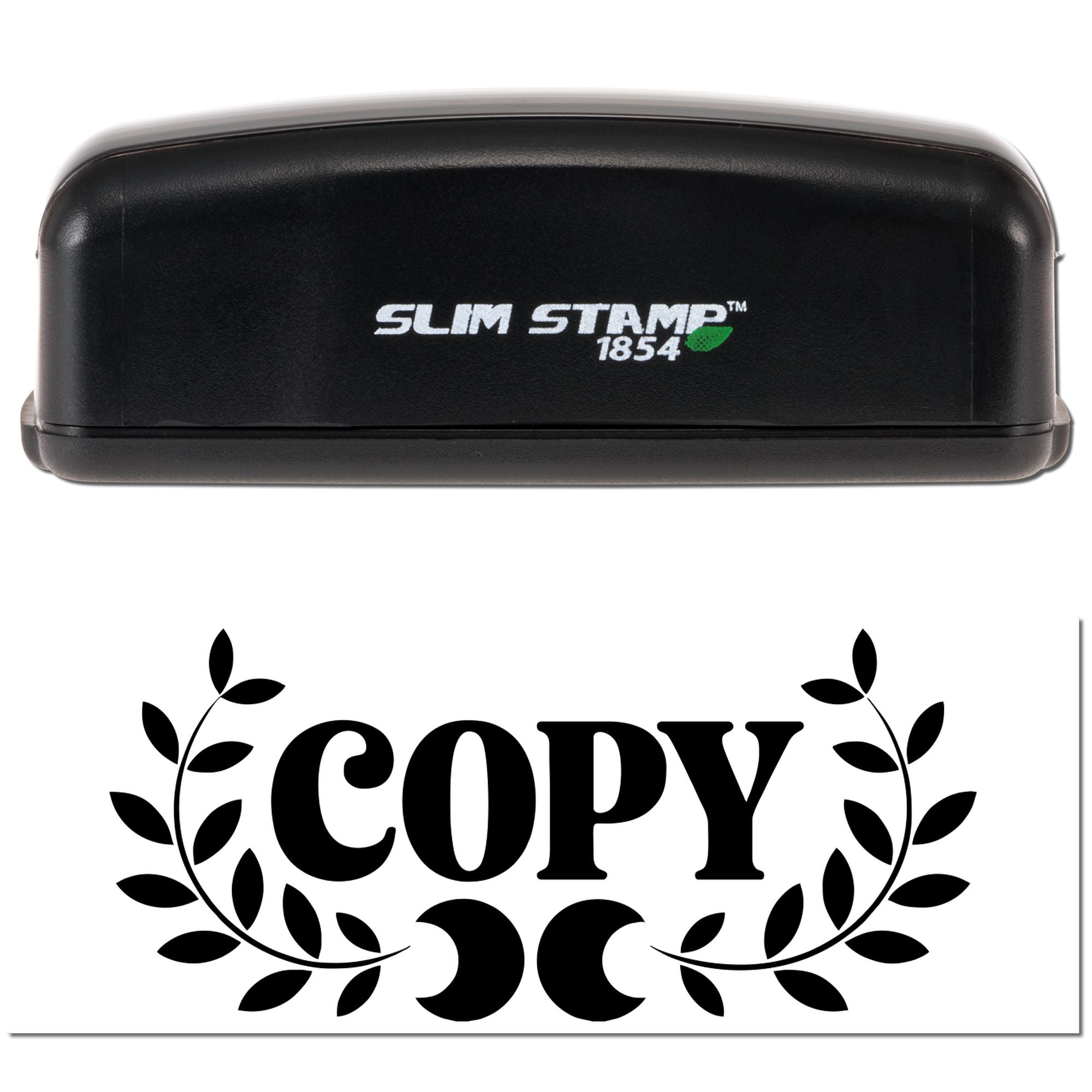 Black Slim Stamp 1854 embossing stamp and seal with white COPY imprint and leaf border design.