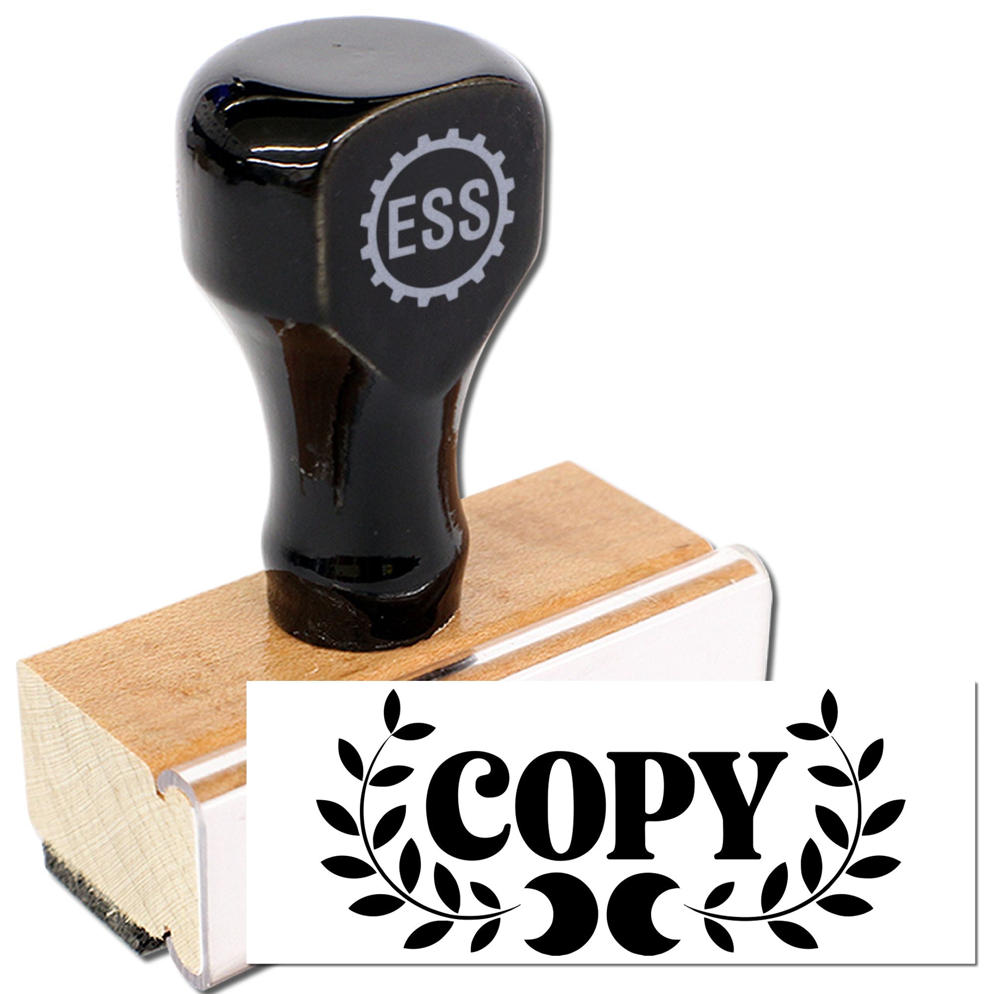 Black ESS rubber stamp on wooden handle with white COPY seal block