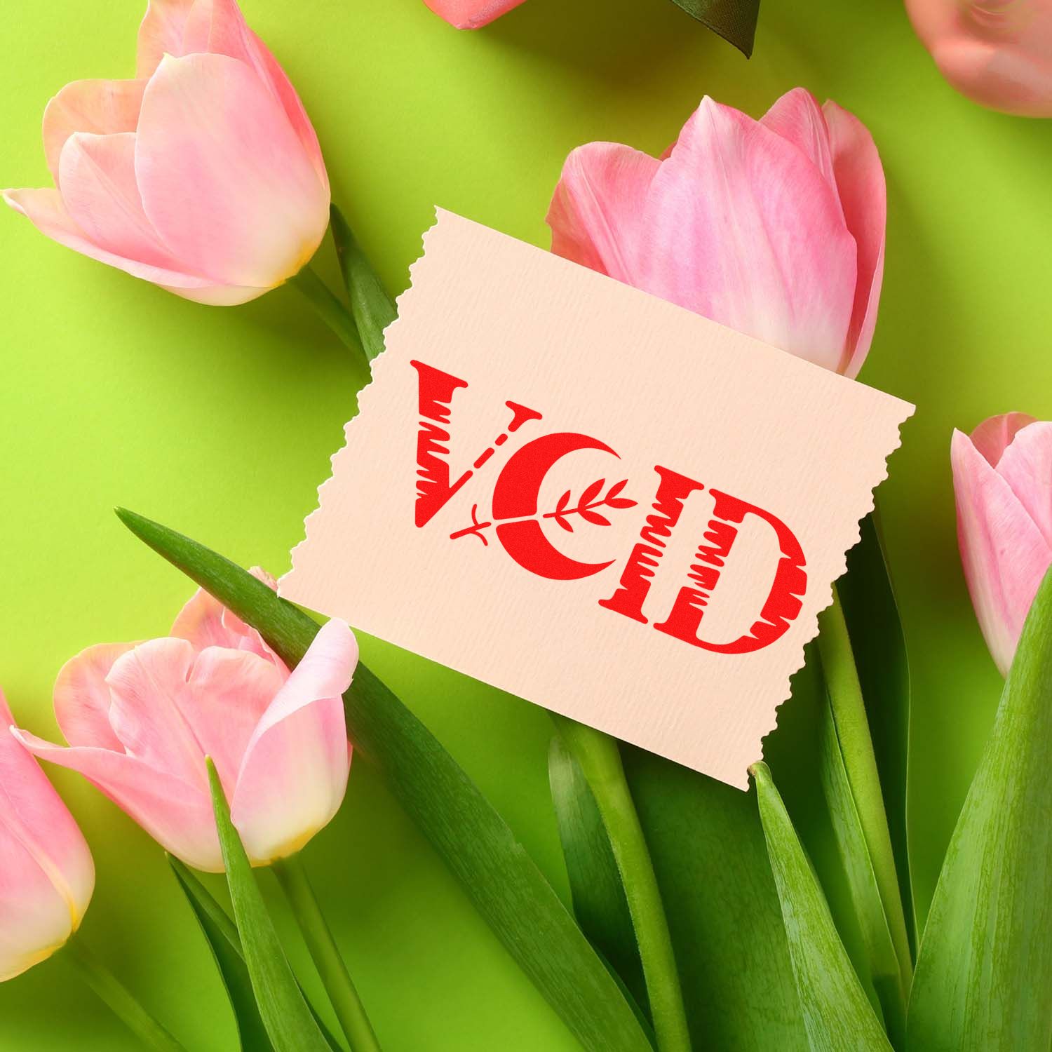 Cream stamp and seal card with red VOT lettering, surrounded by pink tulips on a bright green background.