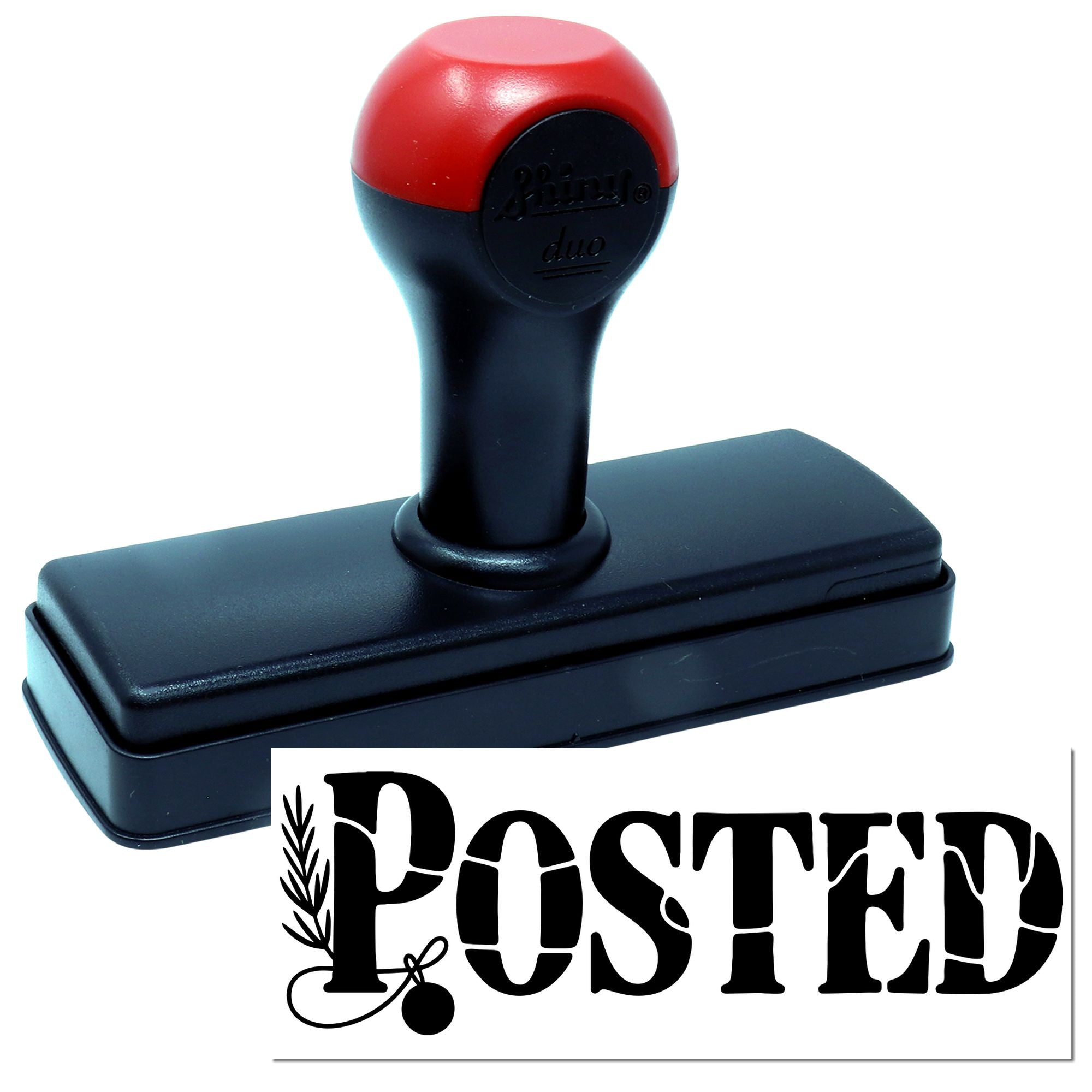 Red and black self-inking stamp with rectangular base and bold POSTED seal impression on white background.