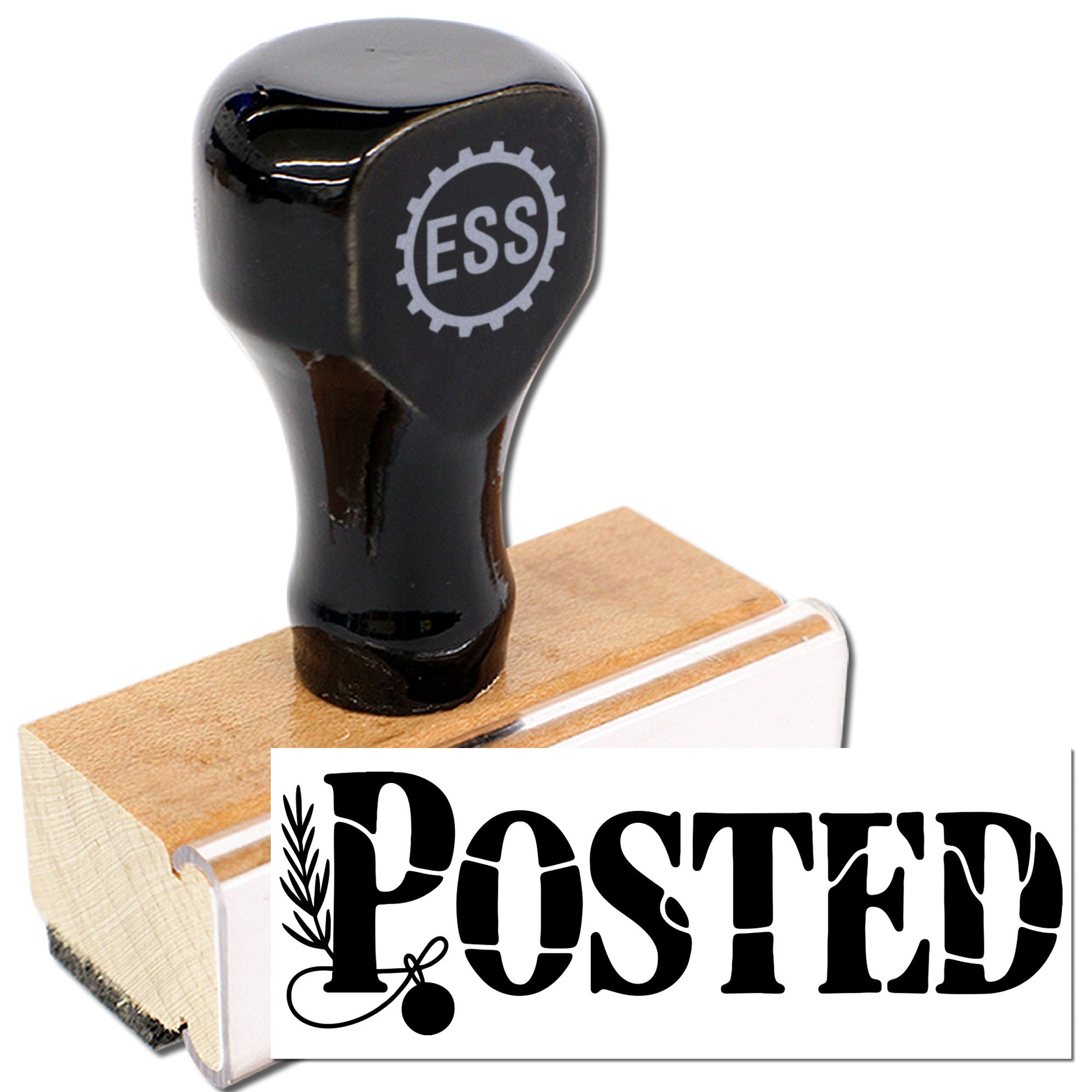 Black ESS rubber stamp on a wooden block with a bold black POSTED seal impression