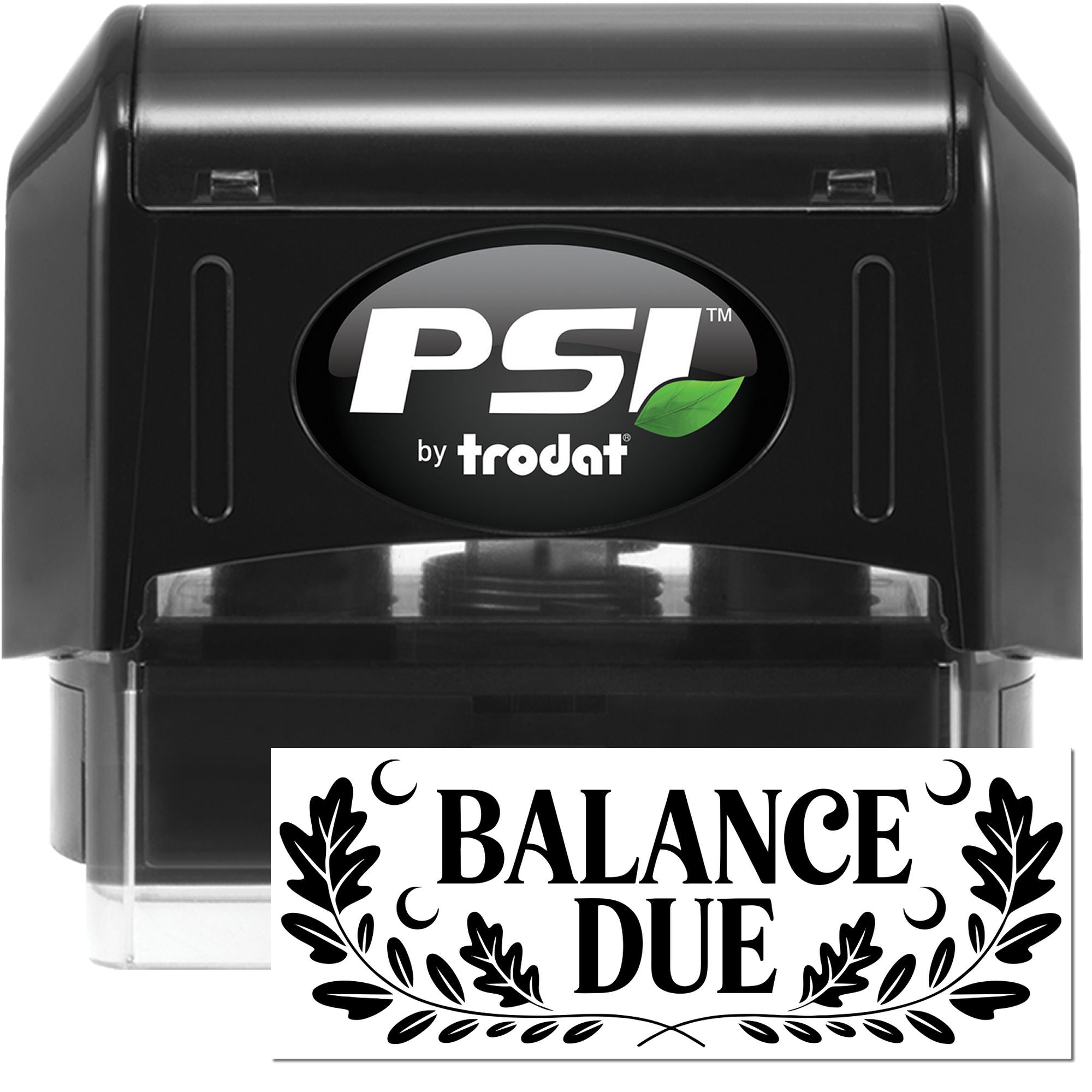 Black PSI by Trodat self-inking stamp and white Balance Due seal with black leaf border details