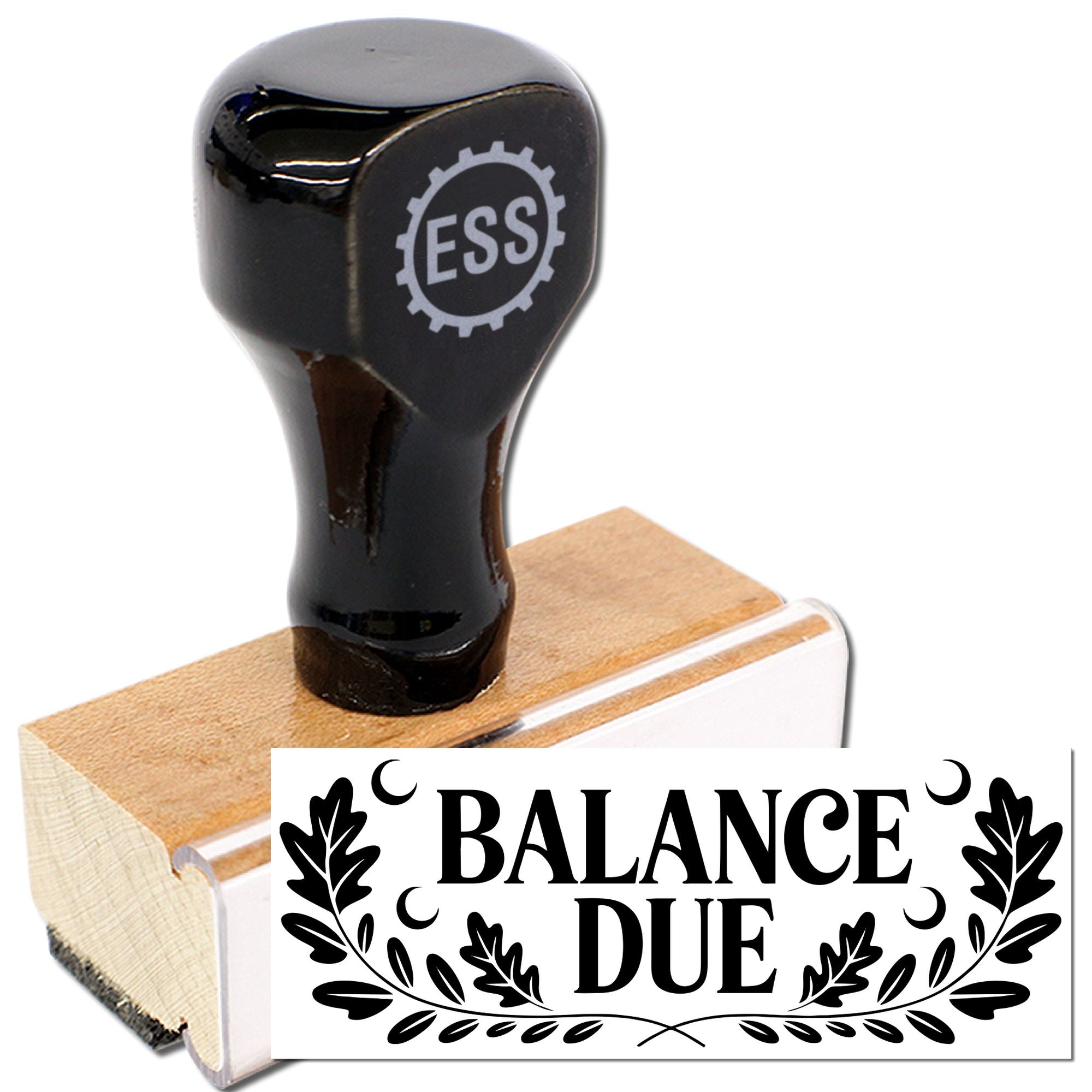 Black rubber stamp on tan wooden base with ESS logo, paired with white Balance Due seal and leaf accents.