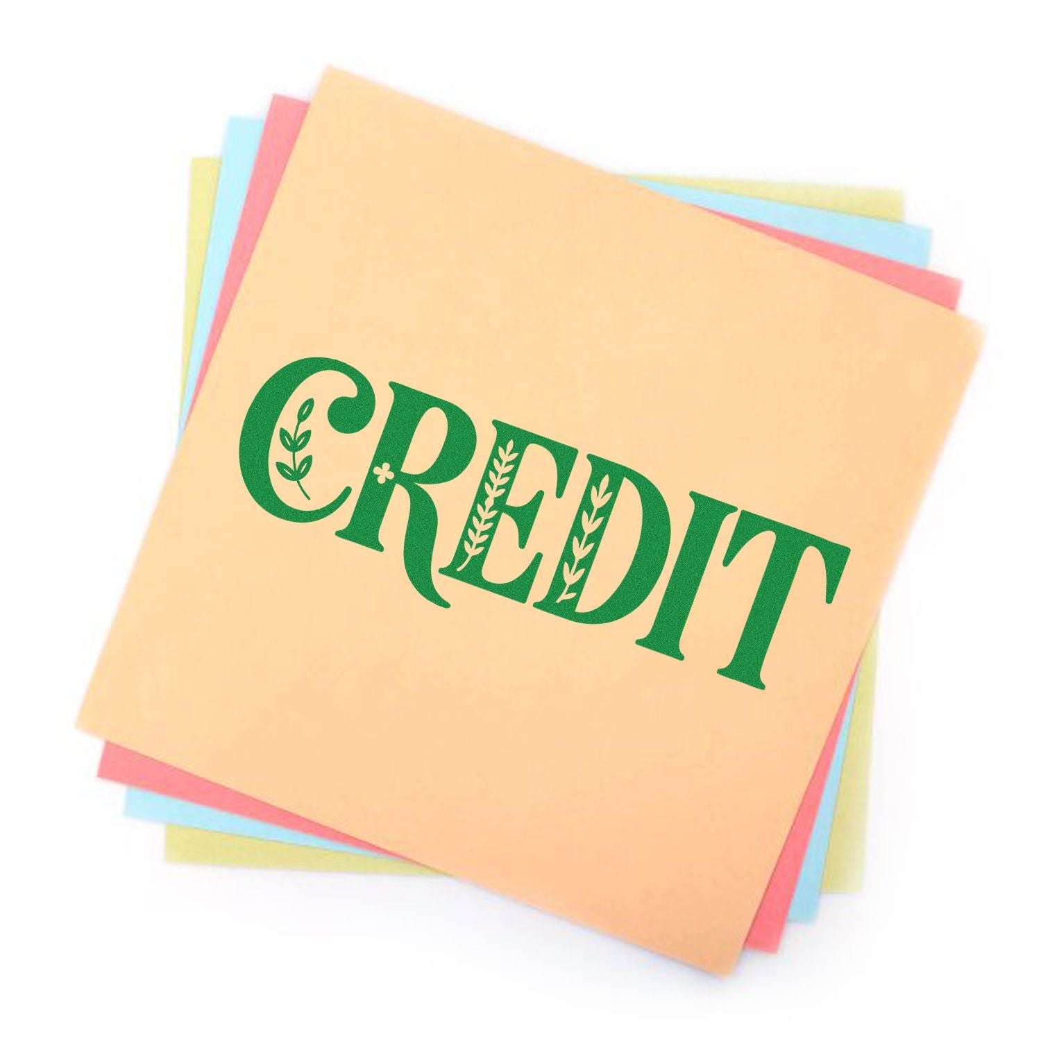 Green CREDIT stamp on stacked pastel paper sheets, with peach, pink, blue, and yellow seal samples.