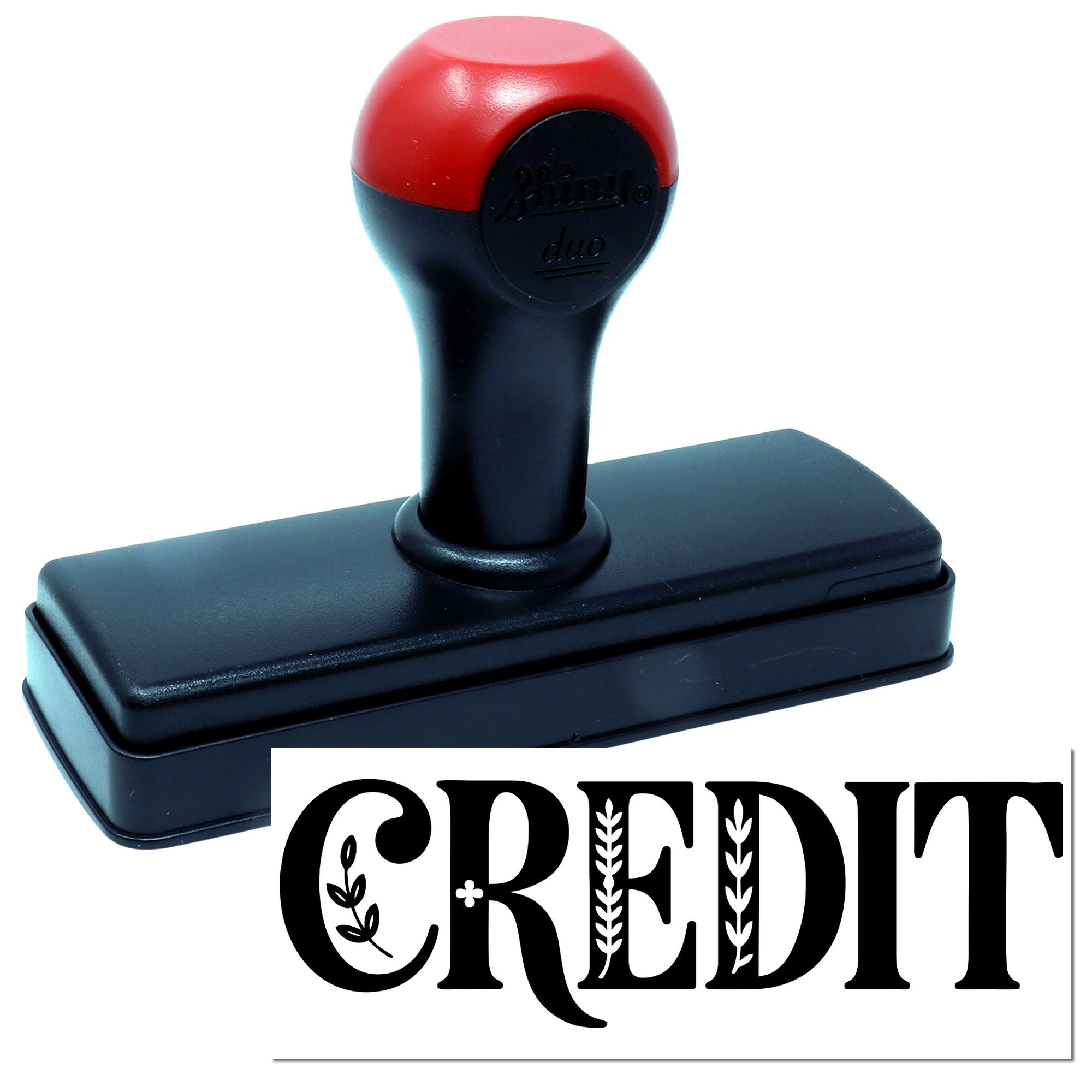 Red and black self-inking stamp and seal with decorative CREDIT imprint
