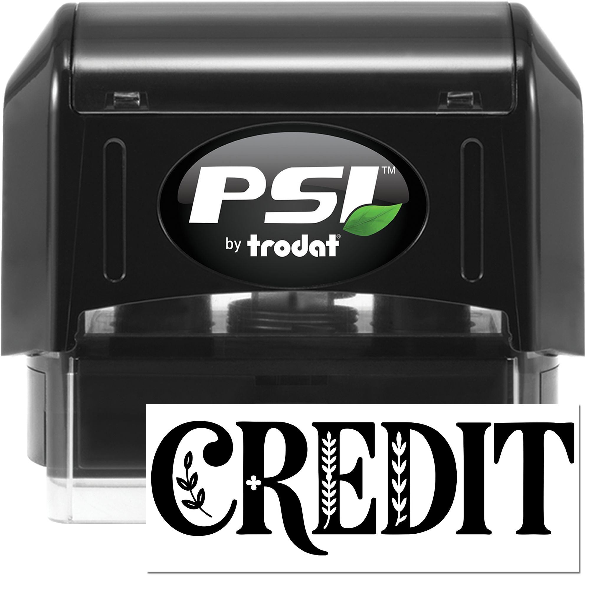 Black PSI by Trodat self-inking stamp with green leaf logo and white CREDIT seal label