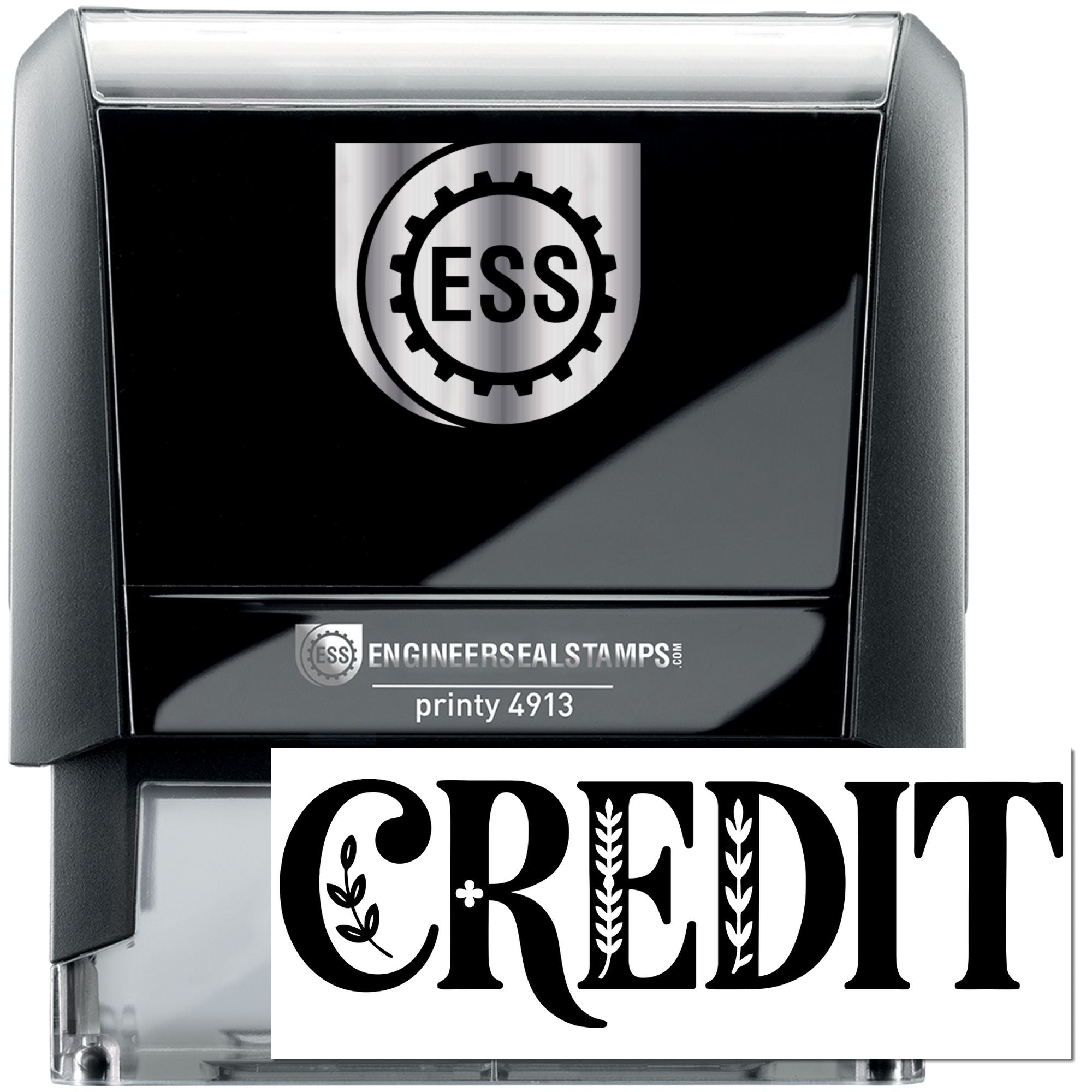 Black self-inking engineer seal stamp with silver ESS gear logo and bold CREDIT imprint