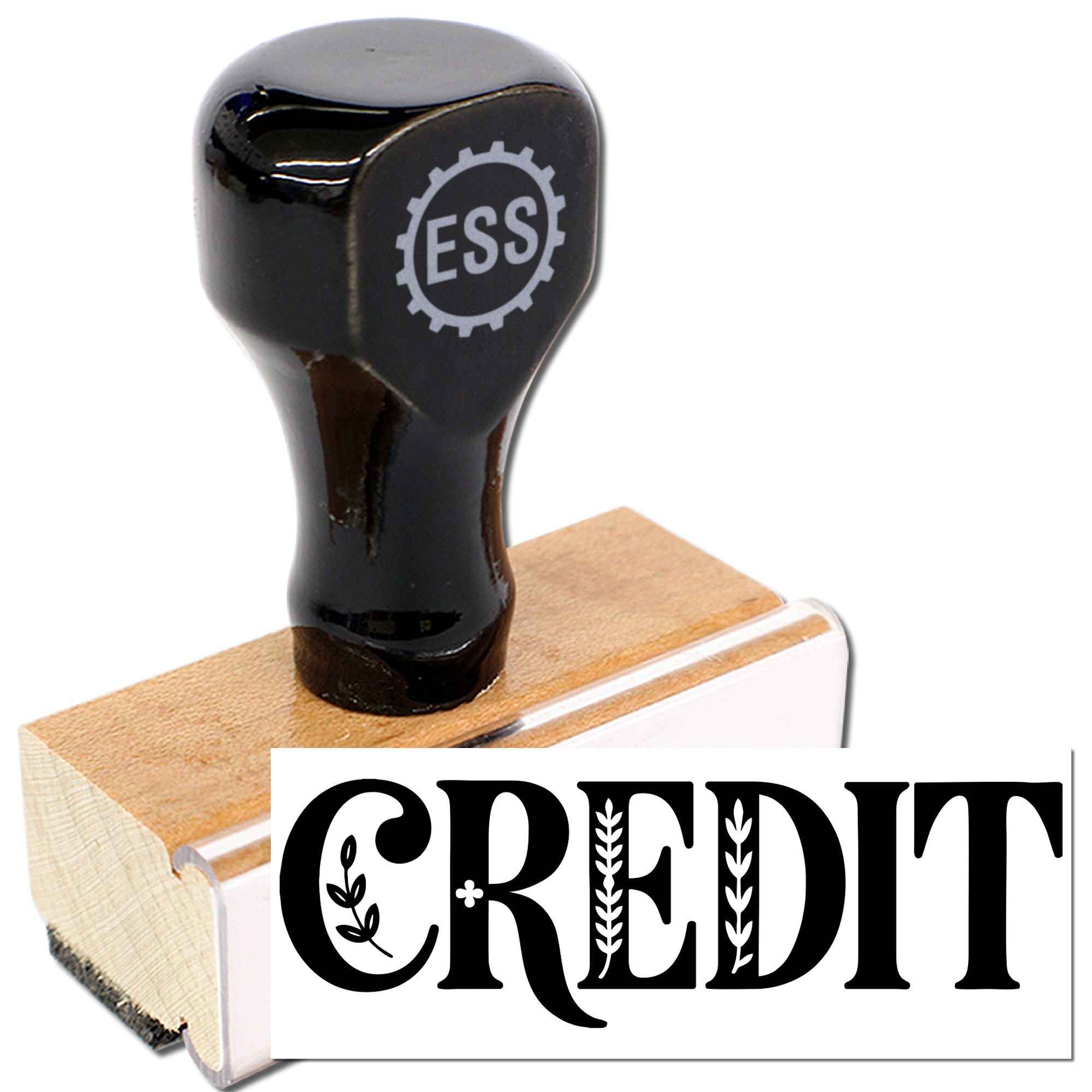 Black custom rubber stamp and seal on wooden mount with ESS logo and CREDIT design on a white background.