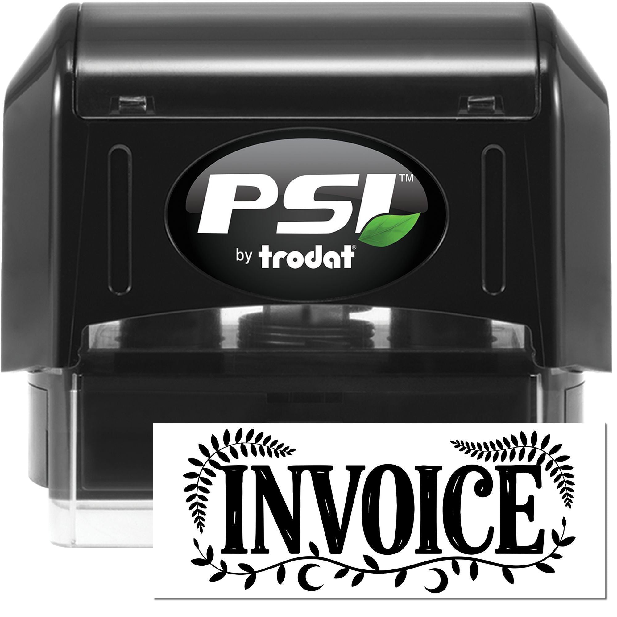 Black PSI by Trodat self-inking stamp and seal with invoice imprint and green leaf logo