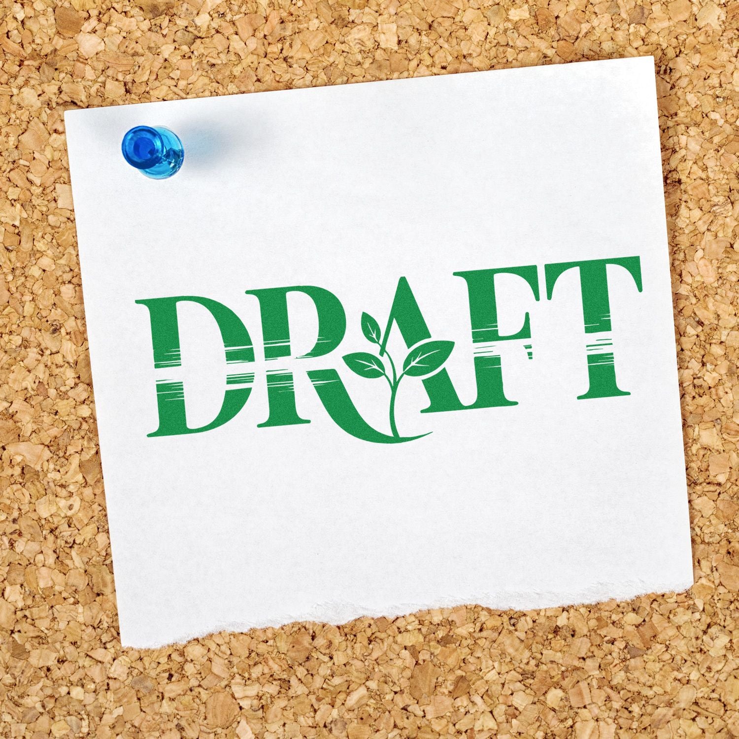 Green DRAFT stamp seal with leaf icon on white paper, pinned by a blue pushpin on corkboard.