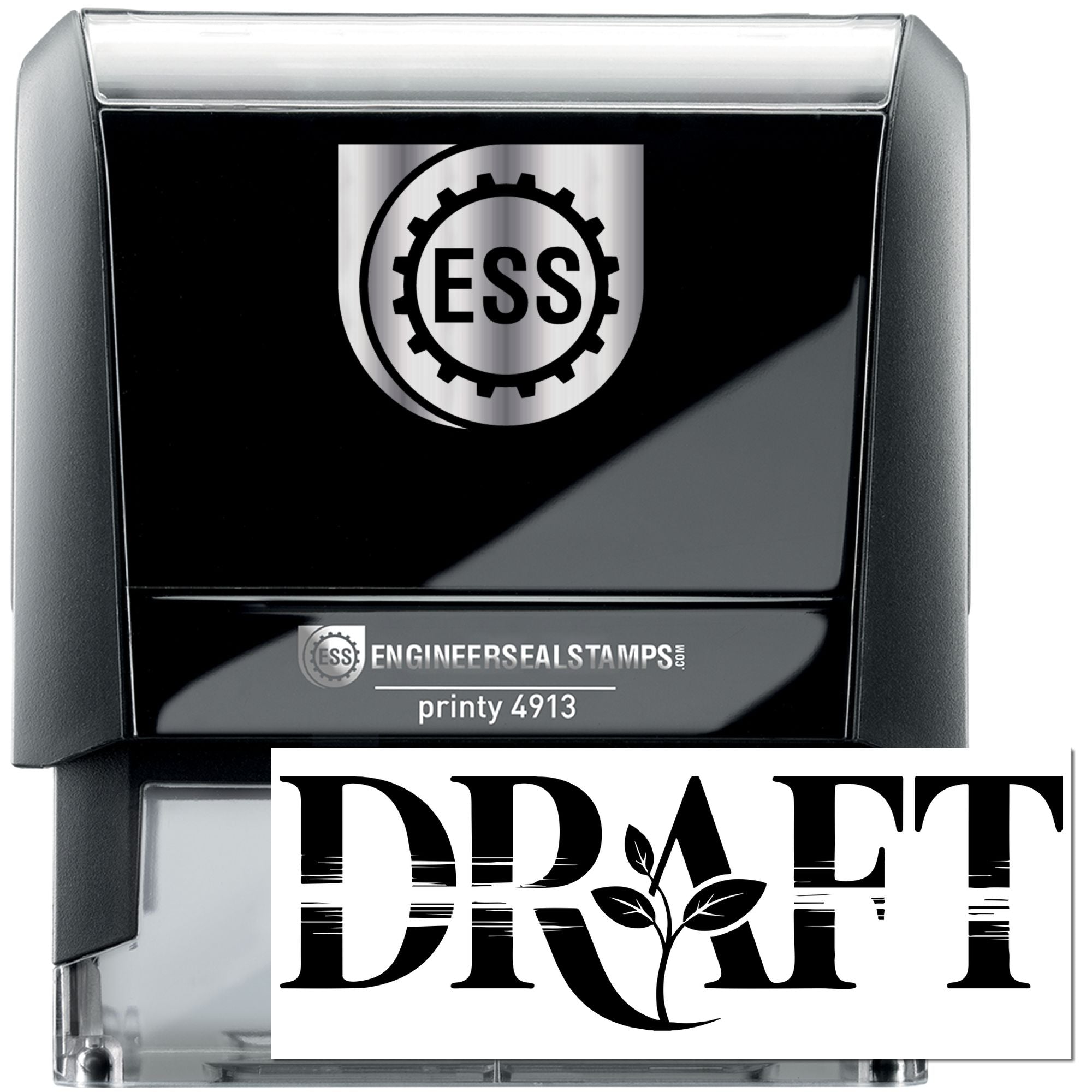 Black self-inking engineering seal stamp with silver ESS logo and bold DRAFT imprint.