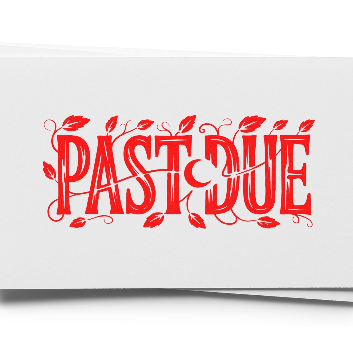 Red PAST DUE stamp and seal with vintage leaf accents on white paper.