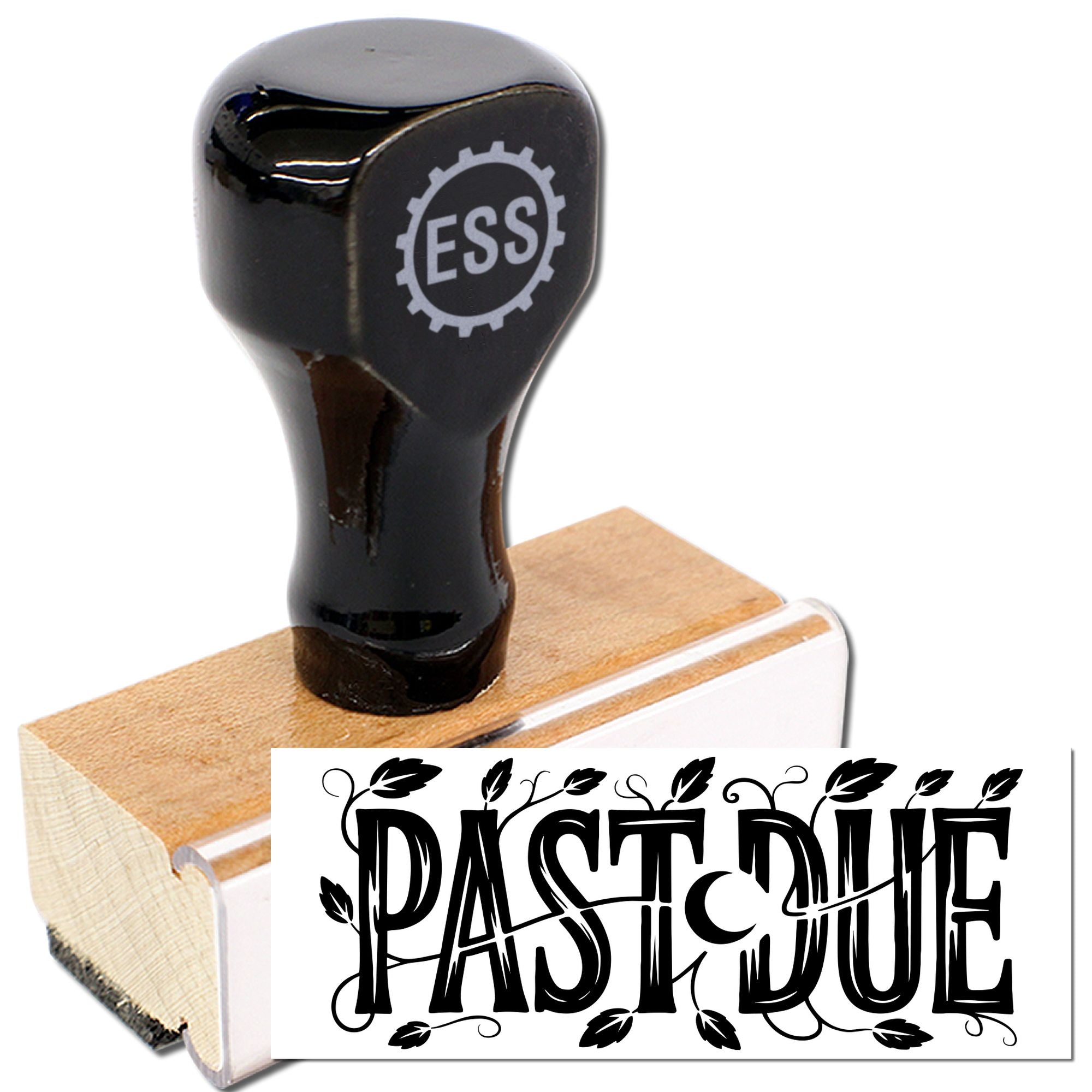 Black wooden rubber stamp and seal block with ESS logo and bold PAST DUE imprint on white background