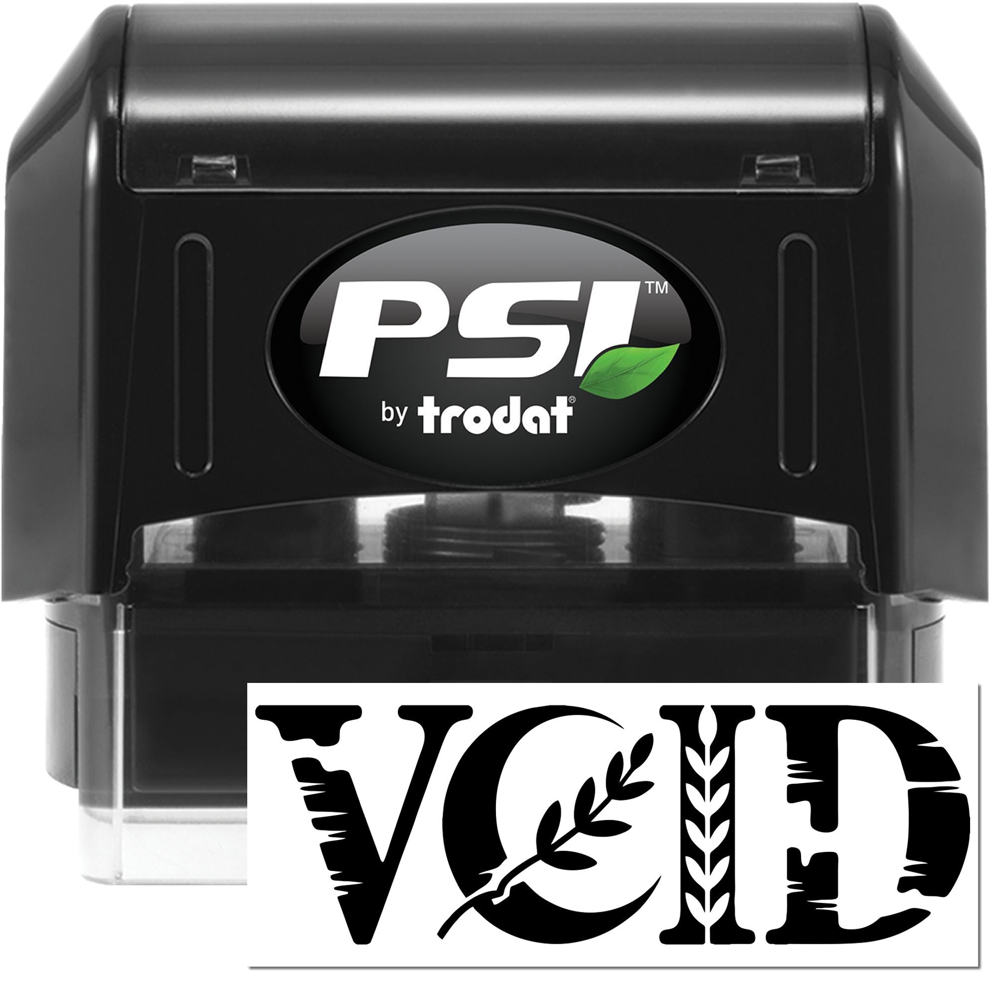Black PSI by Trodat self-inking stamp and seal in black with green leaf logo, showing bold VOID imprint on white paper.