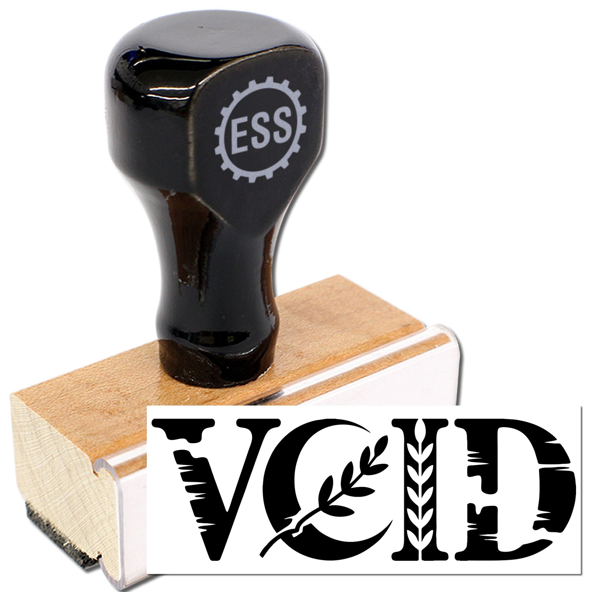 Black custom rubber stamp and seal on wooden block, printing bold VOTED in black on white.