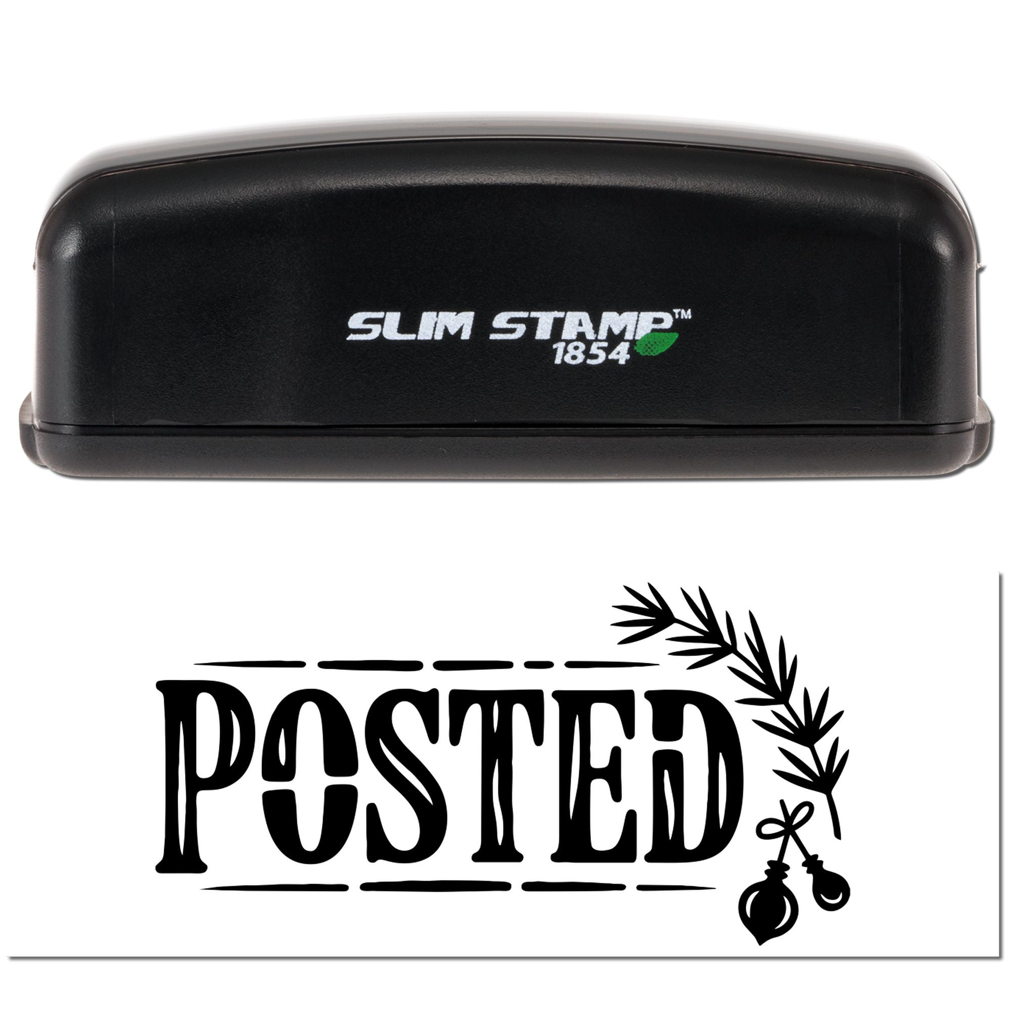 Black Slim Stamp 1854 self-inking stamp and black PASTED seal design with leaf and hanging ornament on white.