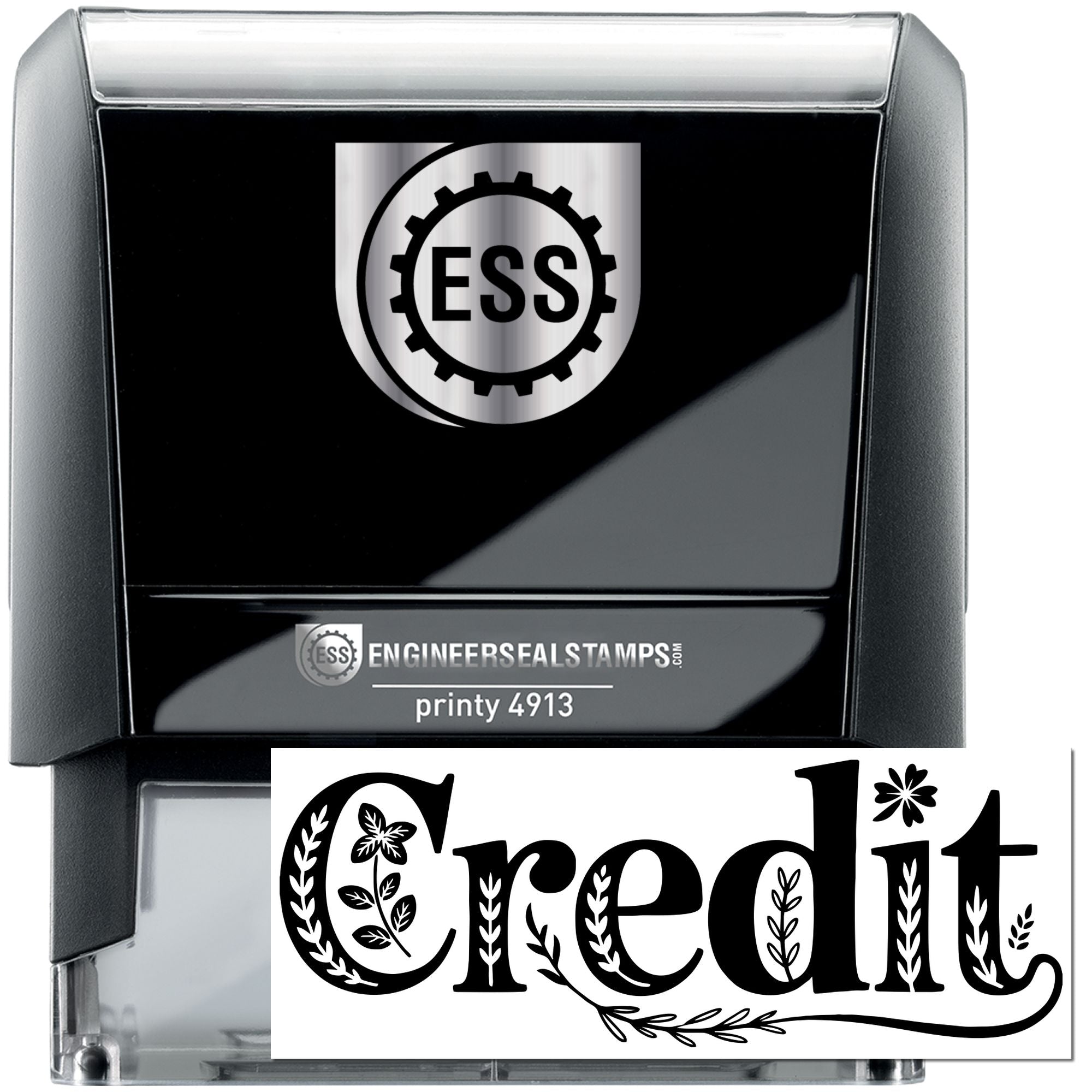 Black self-inking engineer seal stamp with silver ESS logo and decorative Credit imprint.