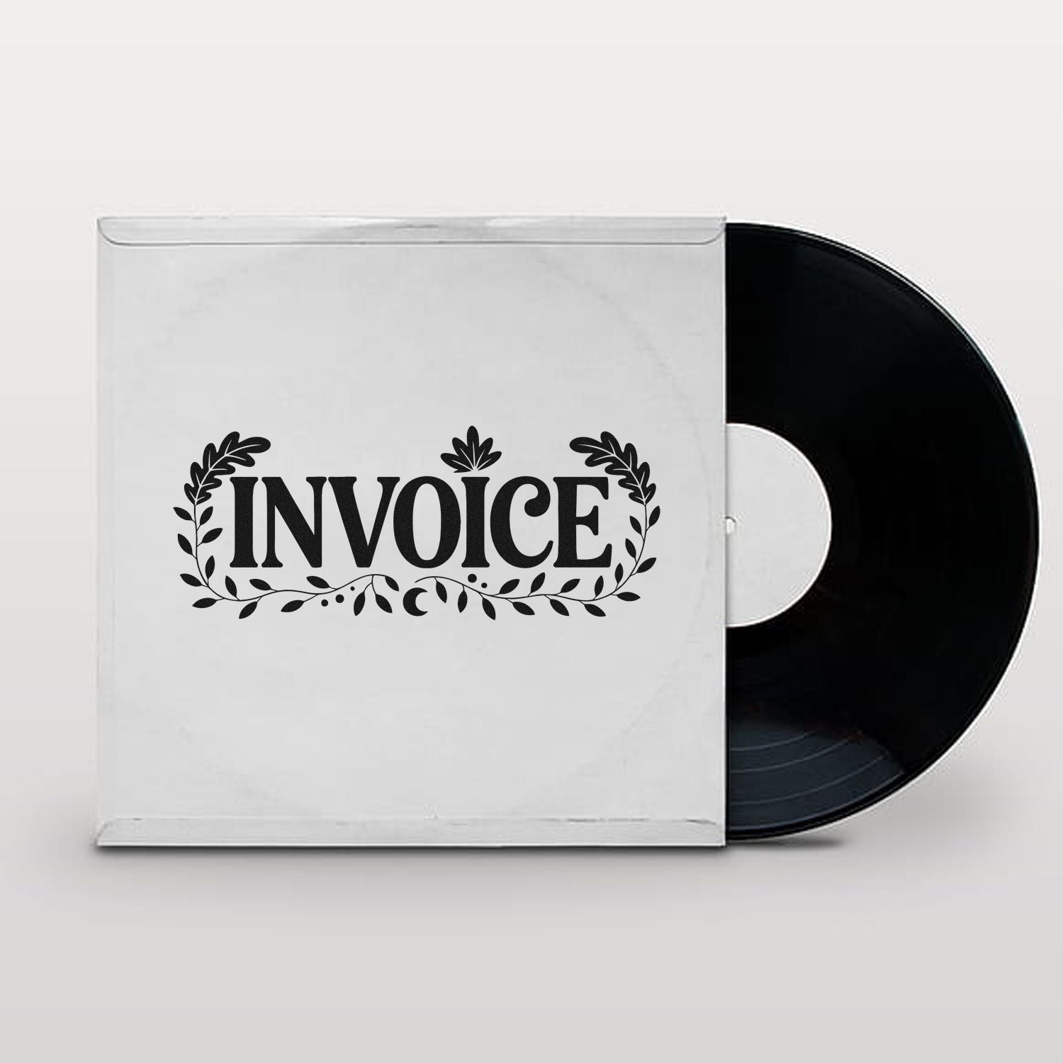White stamp-and-seal product sleeve with black vinyl record and decorative black INVOICE seal graphic with botanical accents.