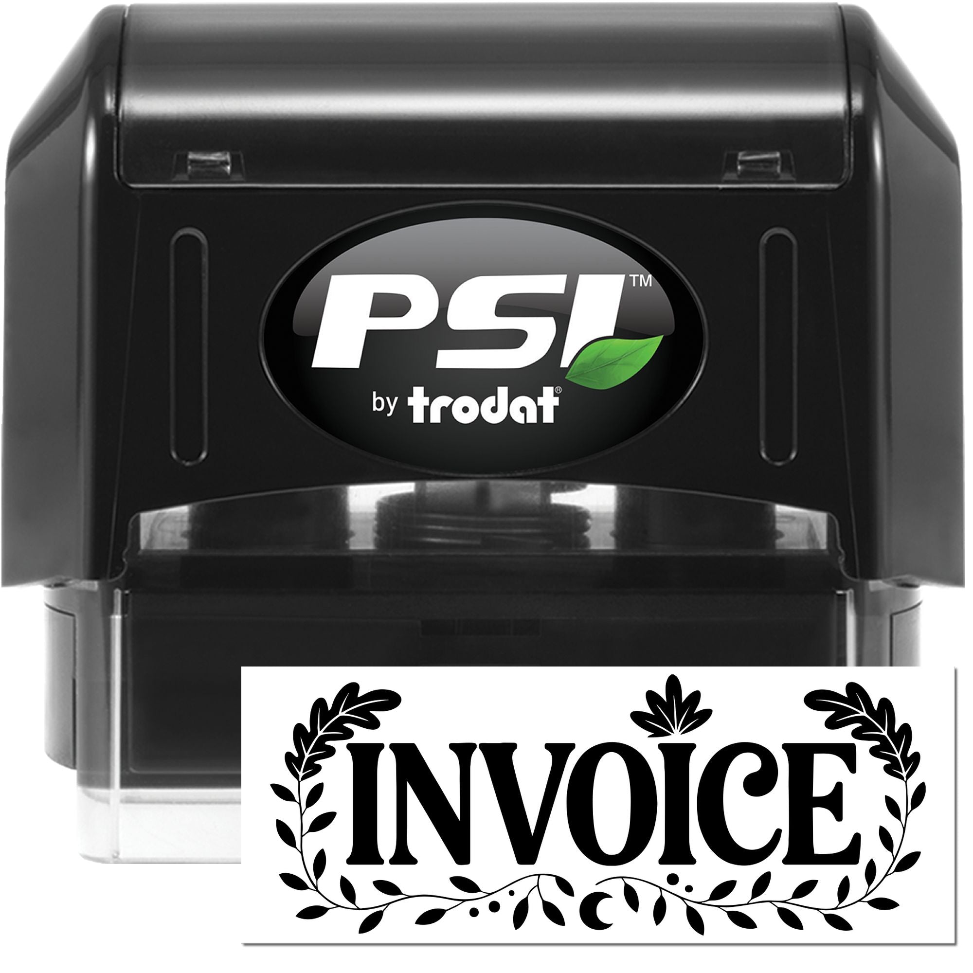 Black PSI by Trodat self-inking stamp and seal with INVOICE imprint and decorative leaf border.