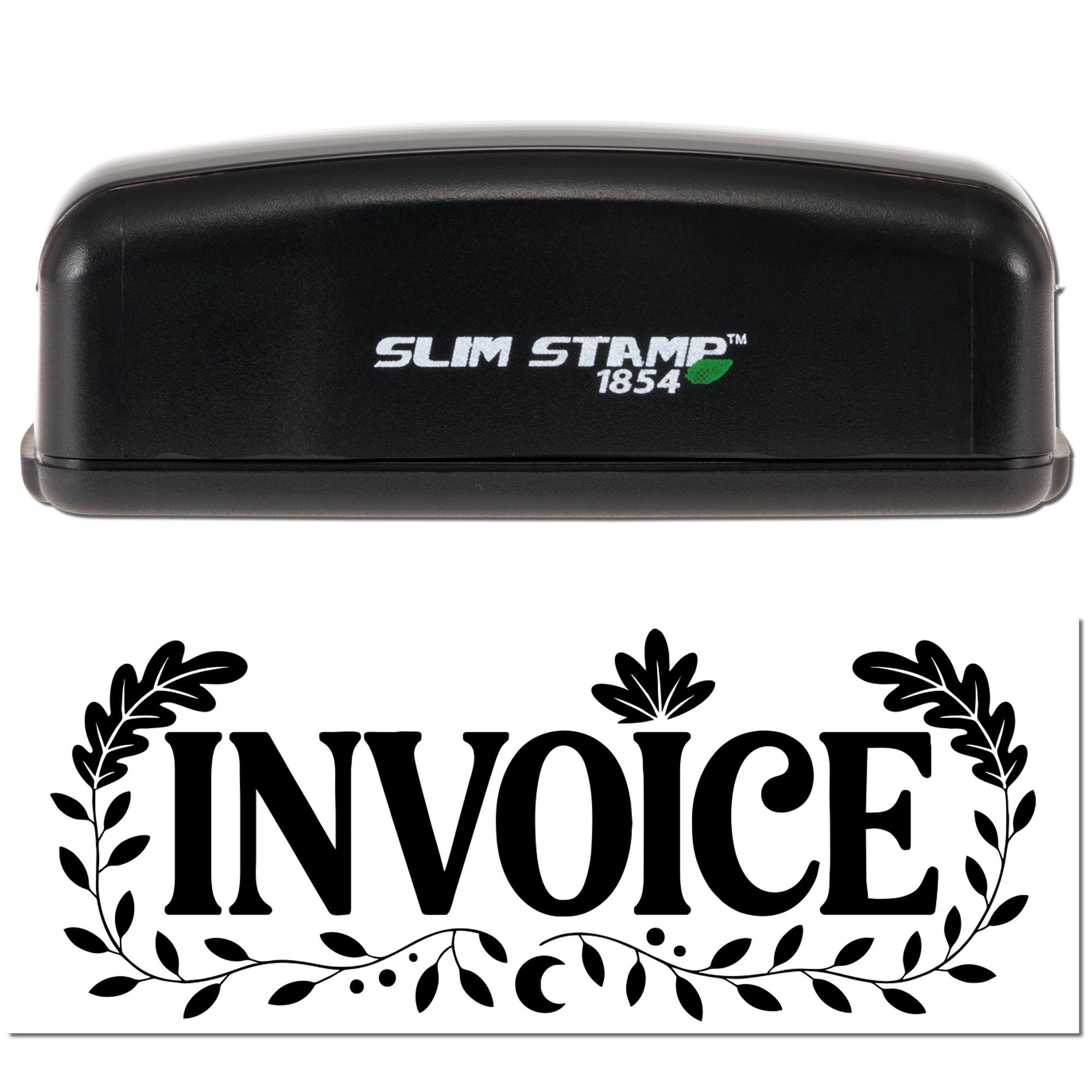 Black Slim Stamp 1854 self-inking stamp and decorative black Invoice seal with leaf border on white background