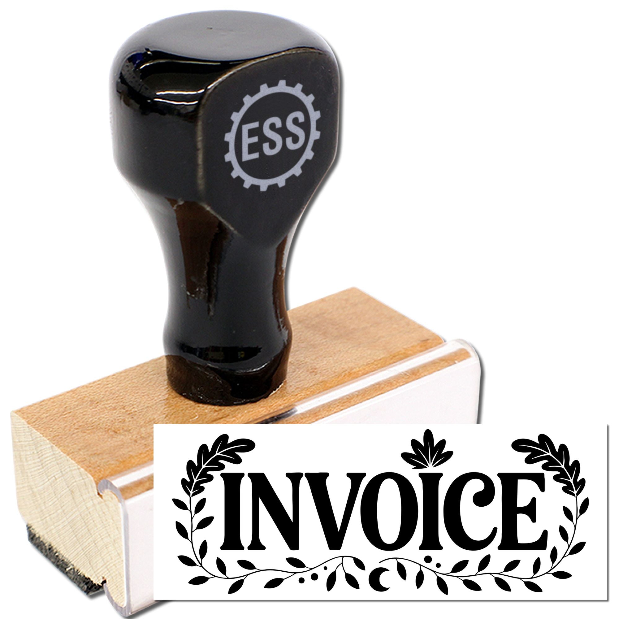 Black rubber stamp and wooden seal block with ESS logo and INVOICE design on a white background.