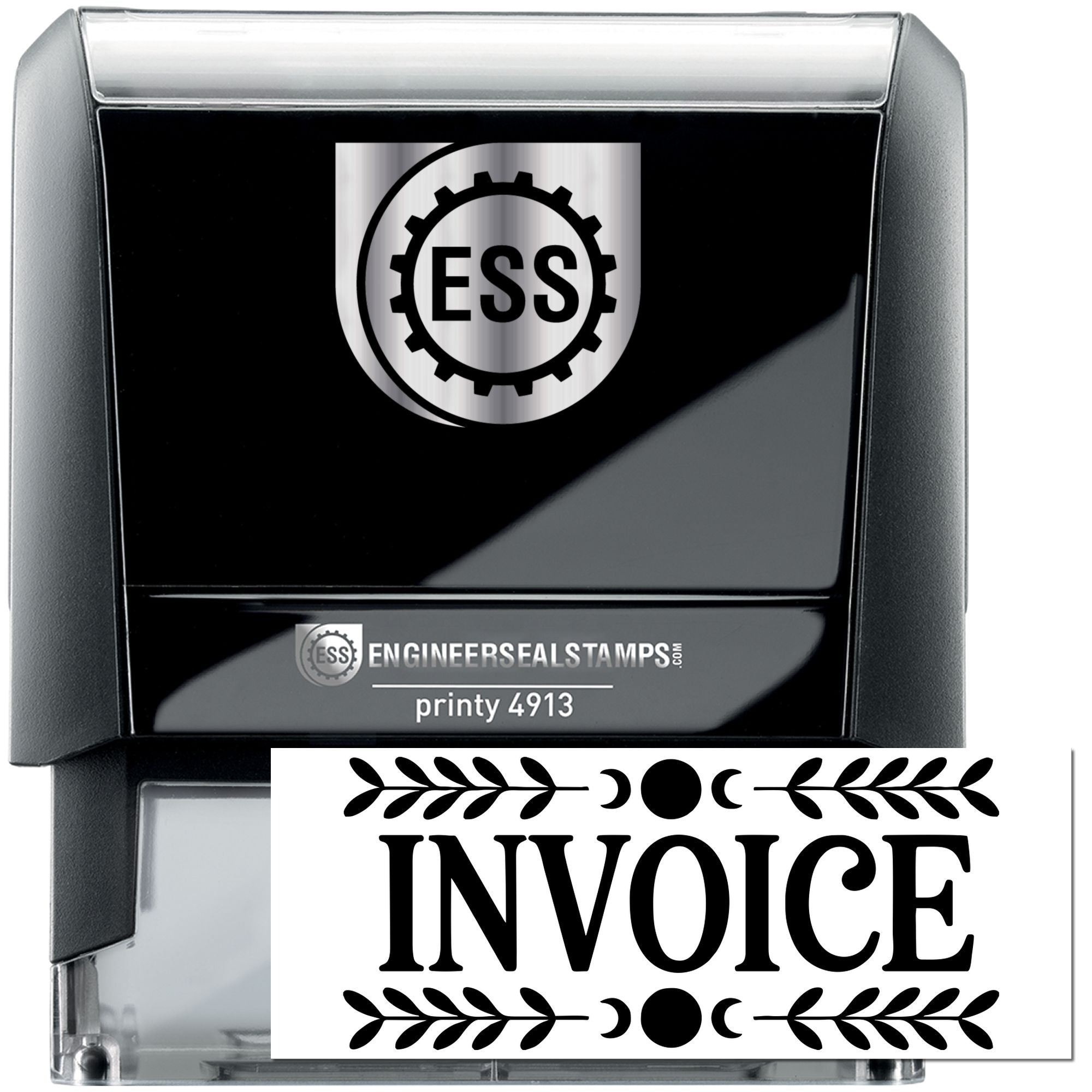 Black self-inking stamp with silver trim and white invoice seal design, featuring ESS engineer seal logo.