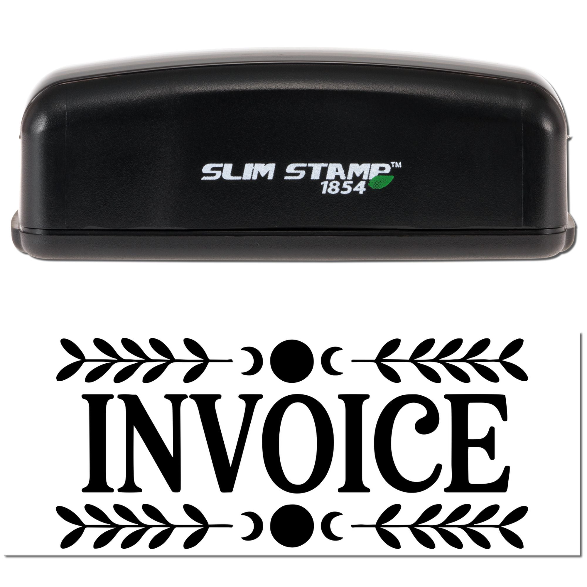 Black Slim Stamp 1854 embossing stamp with decorative black INVOICE seal on white background