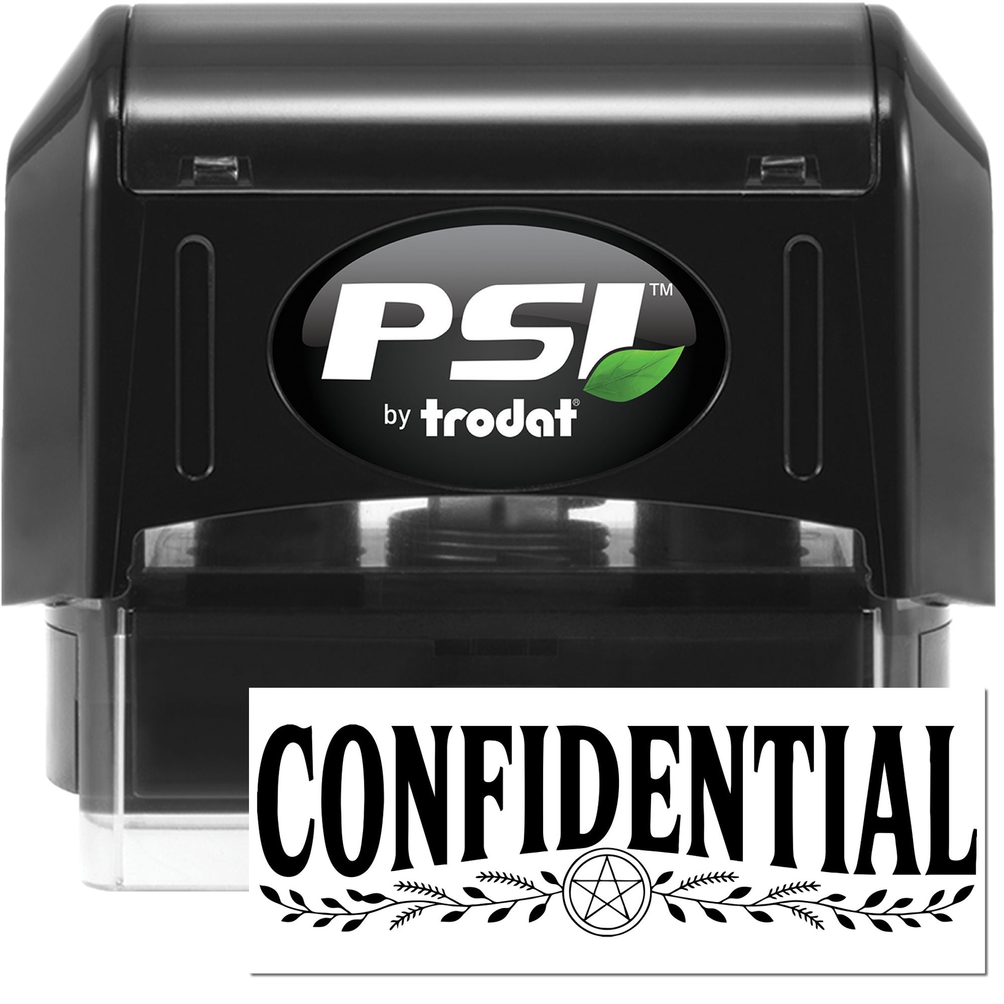 Black PSI by Trodat self-inking stamp and confidential seal set, black with white lettering and green leaf logo.