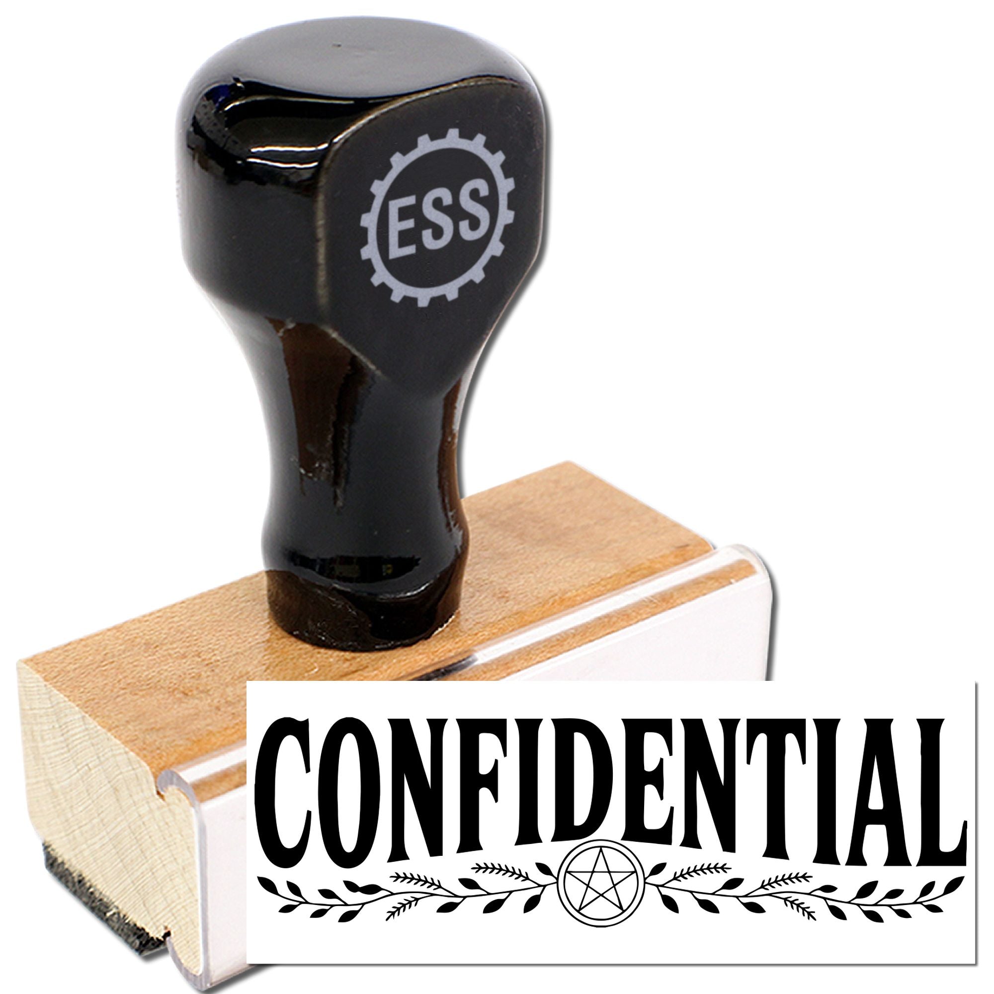 Black ESS stamp and seal set on wooden base with bold CONFIDENTIAL imprint