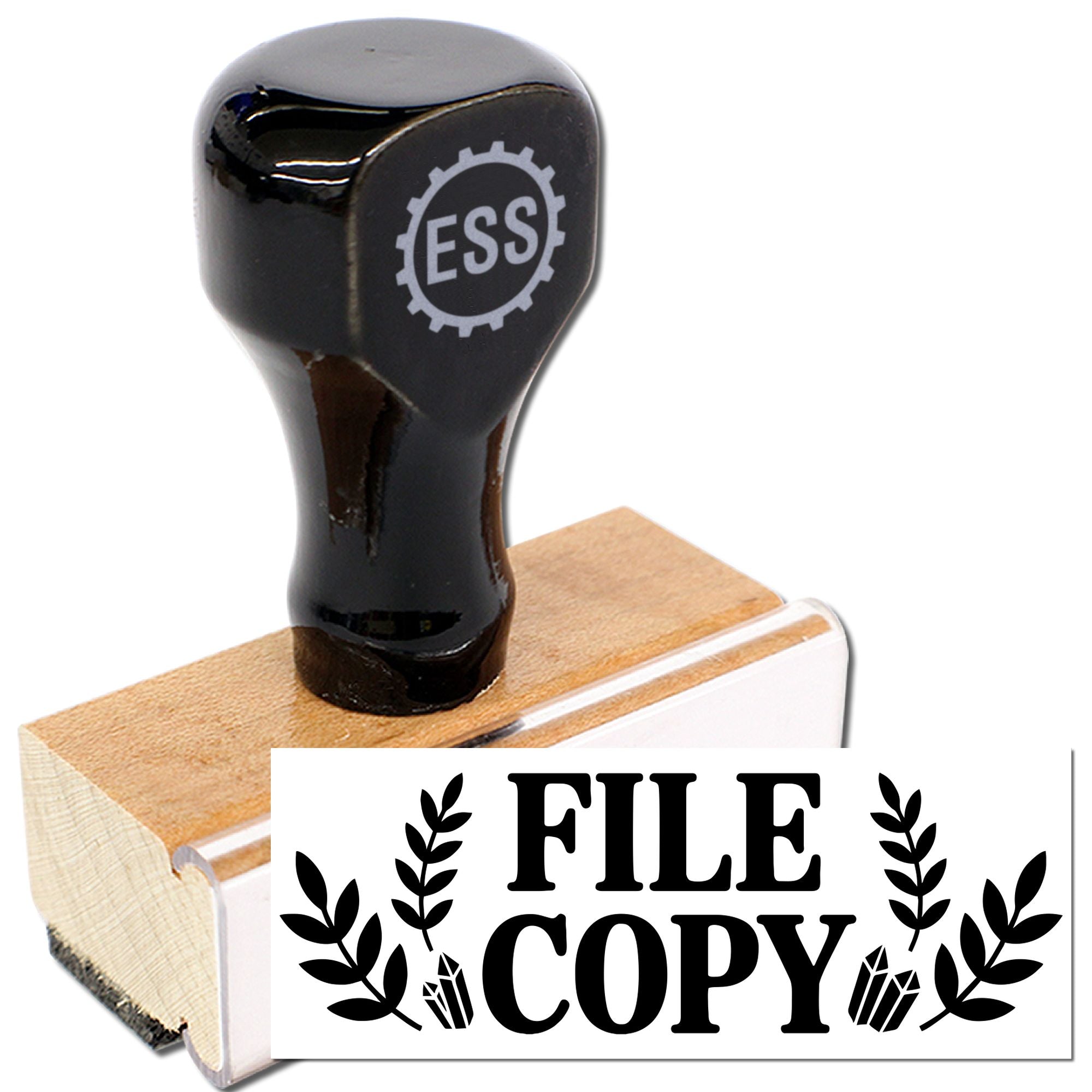 Black self-inking stamp and wooden seal labeled FILE COPY with ESS logo