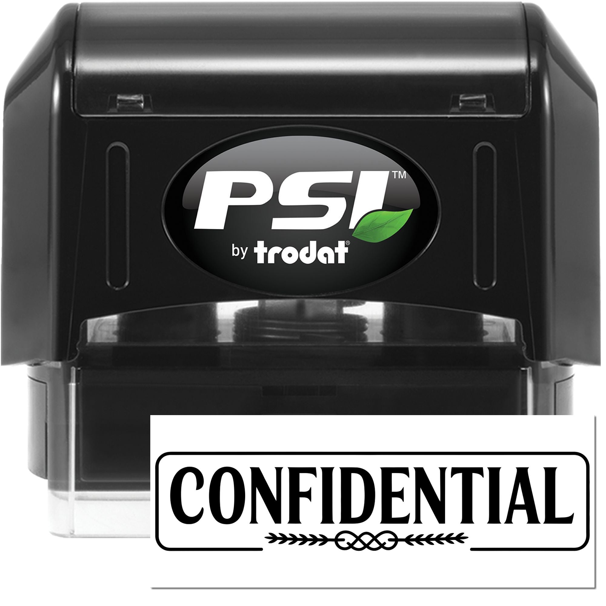 Black PSI by Trodat self-inking stamp with confidential seal, white label, and green leaf logo