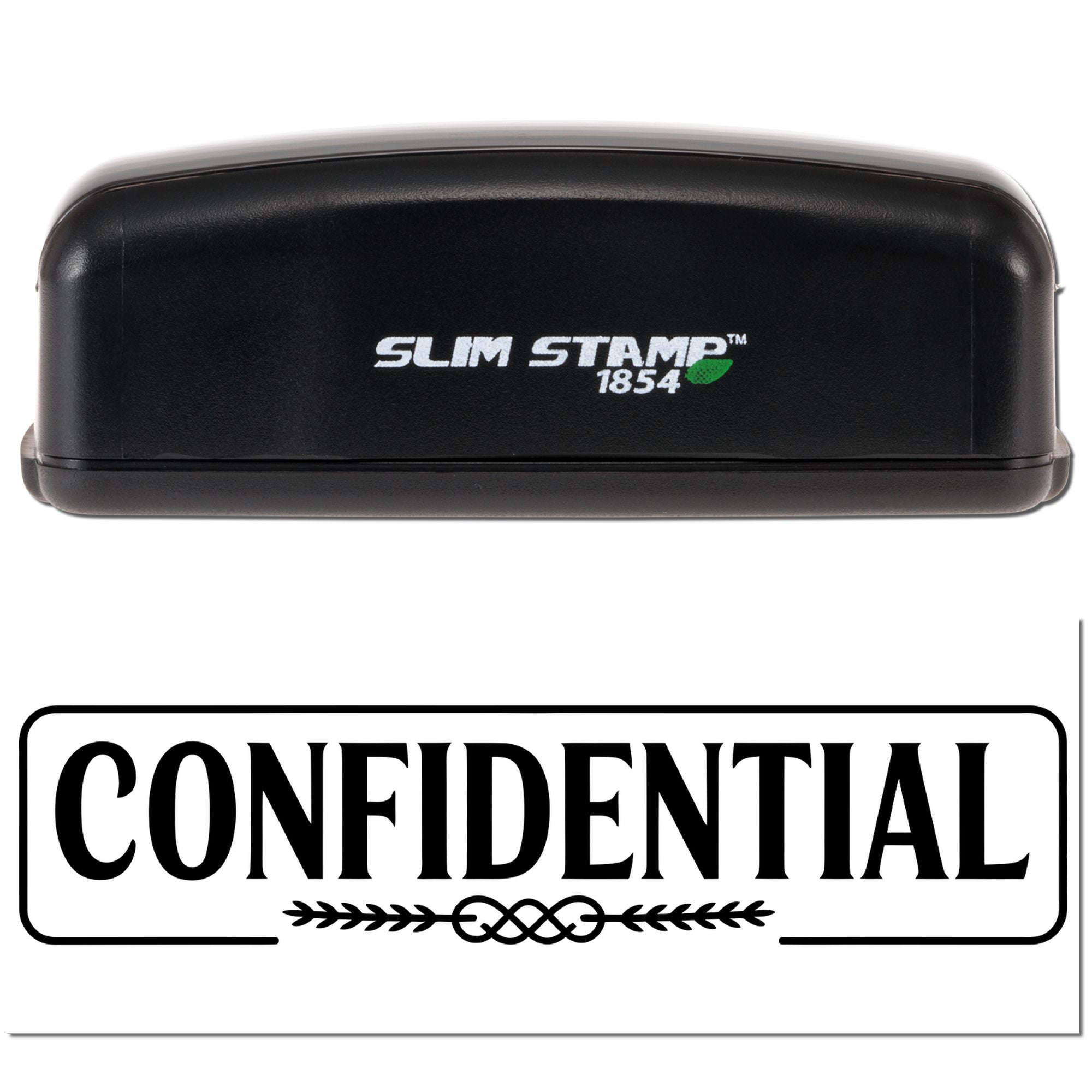 Black Slim Stamp 1854 stamp and confidential seal with white lettering and green leaf accent.