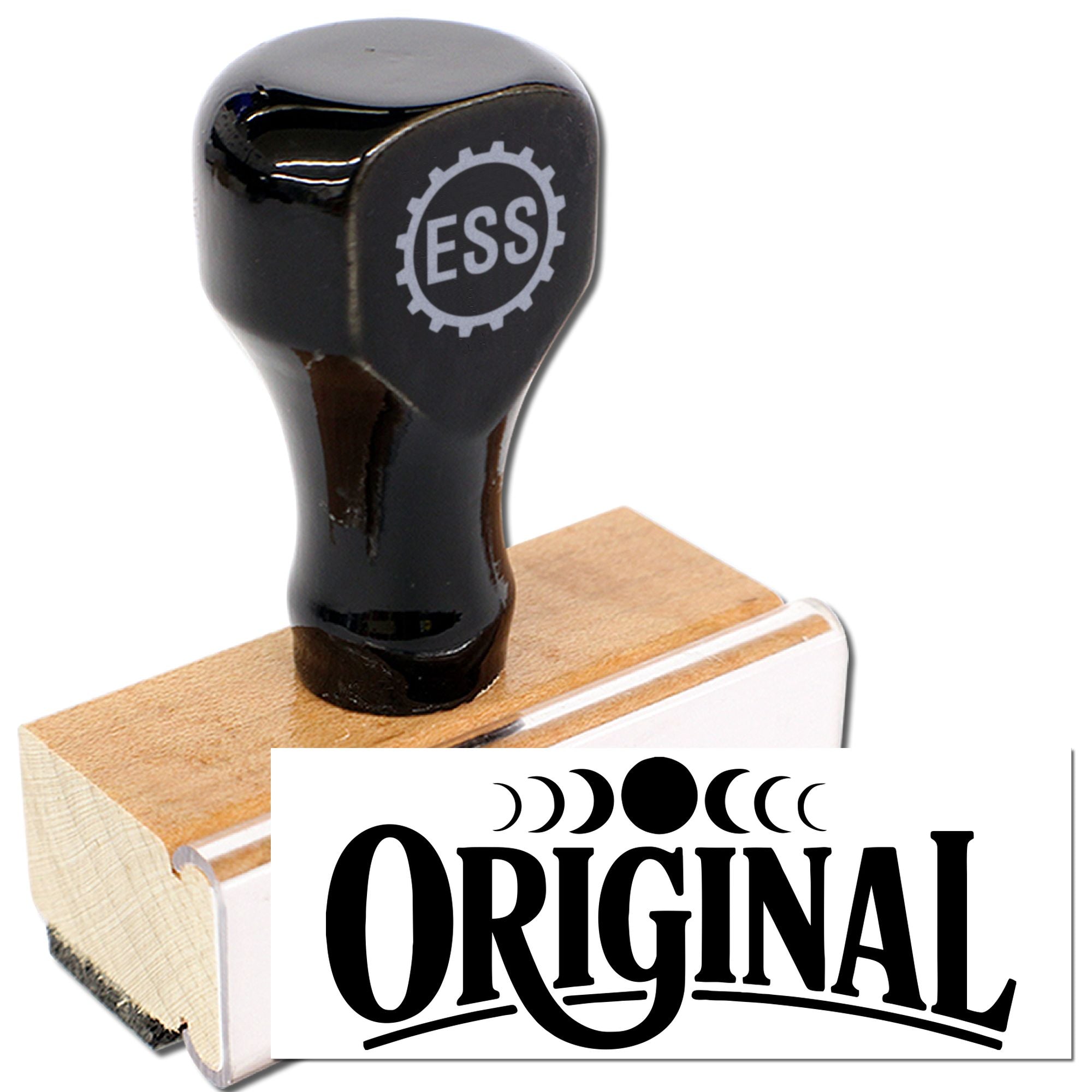 Black ESS stamp and seal on wooden block with clear ORIGINAL imprint