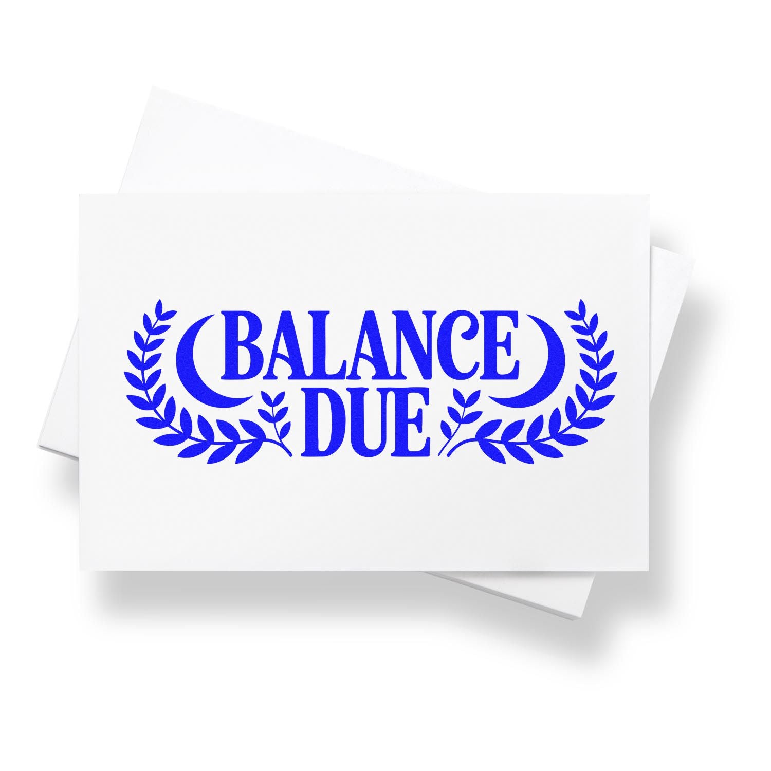 Blue Balance Due stamp with laurel wreath seal on white paper cards