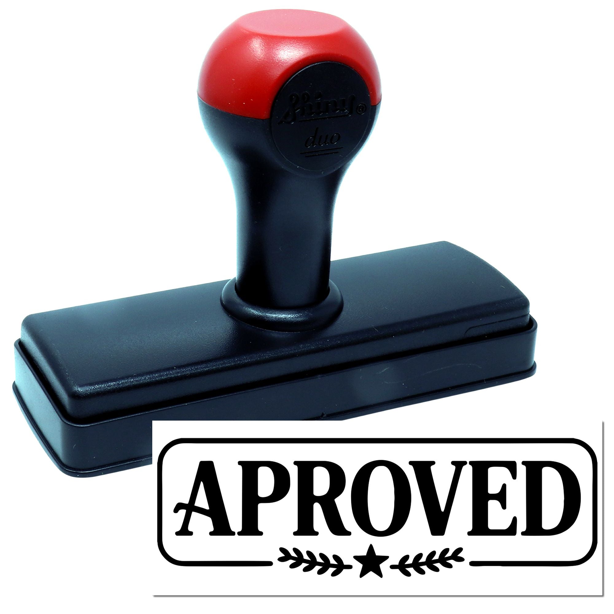 Red and black self-inking approval stamp with rectangular base and bold APPROVED seal