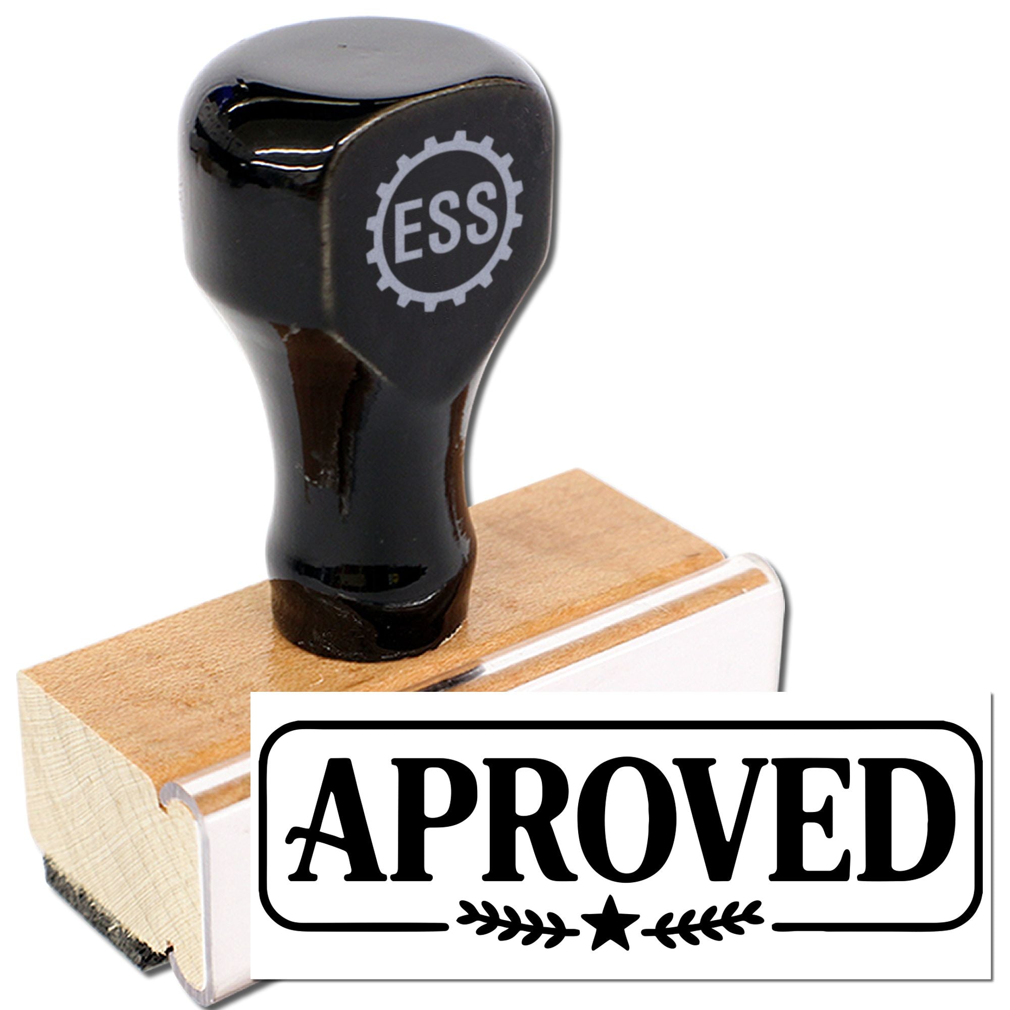 Black rubber approval stamp and seal on tan wooden block with bold APPROVED text